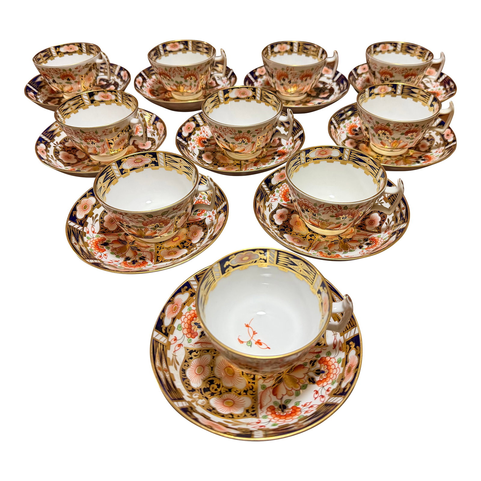 1860s Royal Crown Derby Imari Pattern Cups and Saucers by Stevenson & Hancock - Set of 10: A Super Fine Set of 10 Royal Crown Derby Imari Pattern Cups and Saucers by Stevenson & Hancock, Circa 1860's Made by Stevenson and Hancock, at the King Street Factory in Derby, England, Circa 1860's