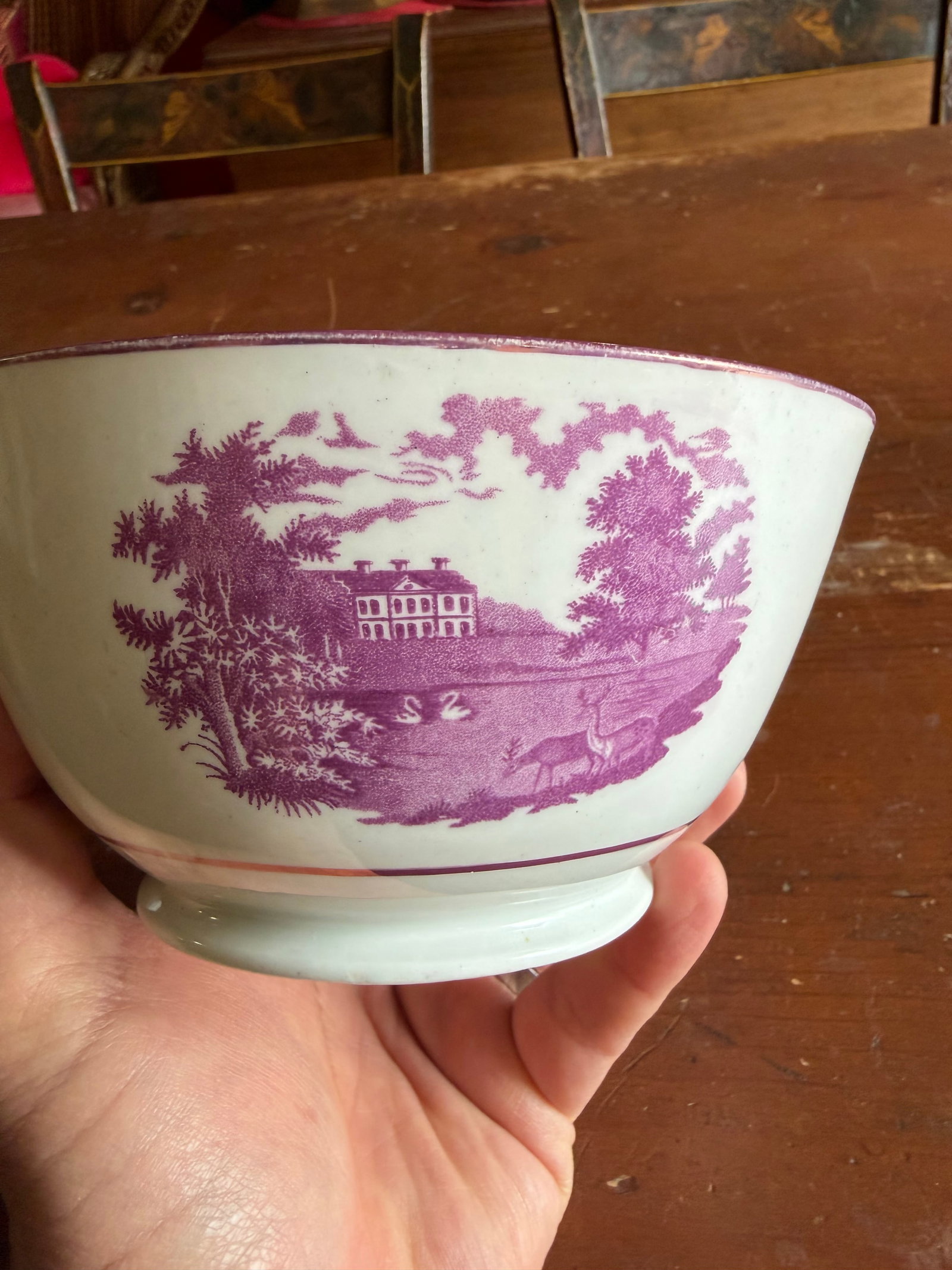 Rare Antique Pink Lustre and Bat Printed Pearlware Waste Bowl, Attributed to Thomas Wolfe, Circa 180 - 4