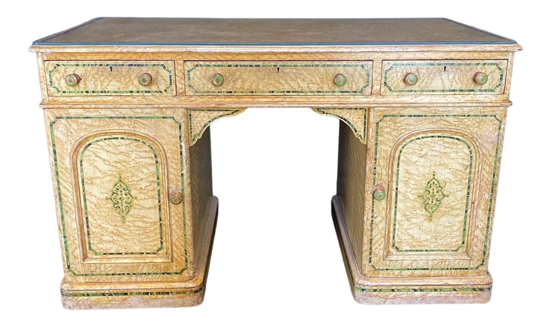 English 19th Century Faux Painted Marbleized Pedestal Writing Desk: British desk with faux painted original surface and hand painted marbleized green banding. The rectangular top, protected by removable glass, is a writing surface above three frieze drawers with