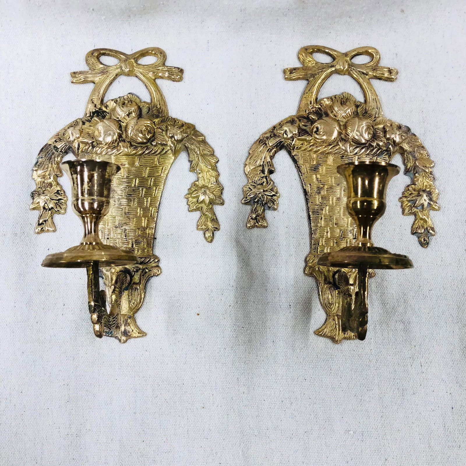 Vintage French Style Brass Wall Sconces of Baskets and Flower Garlands - a Pair - 13