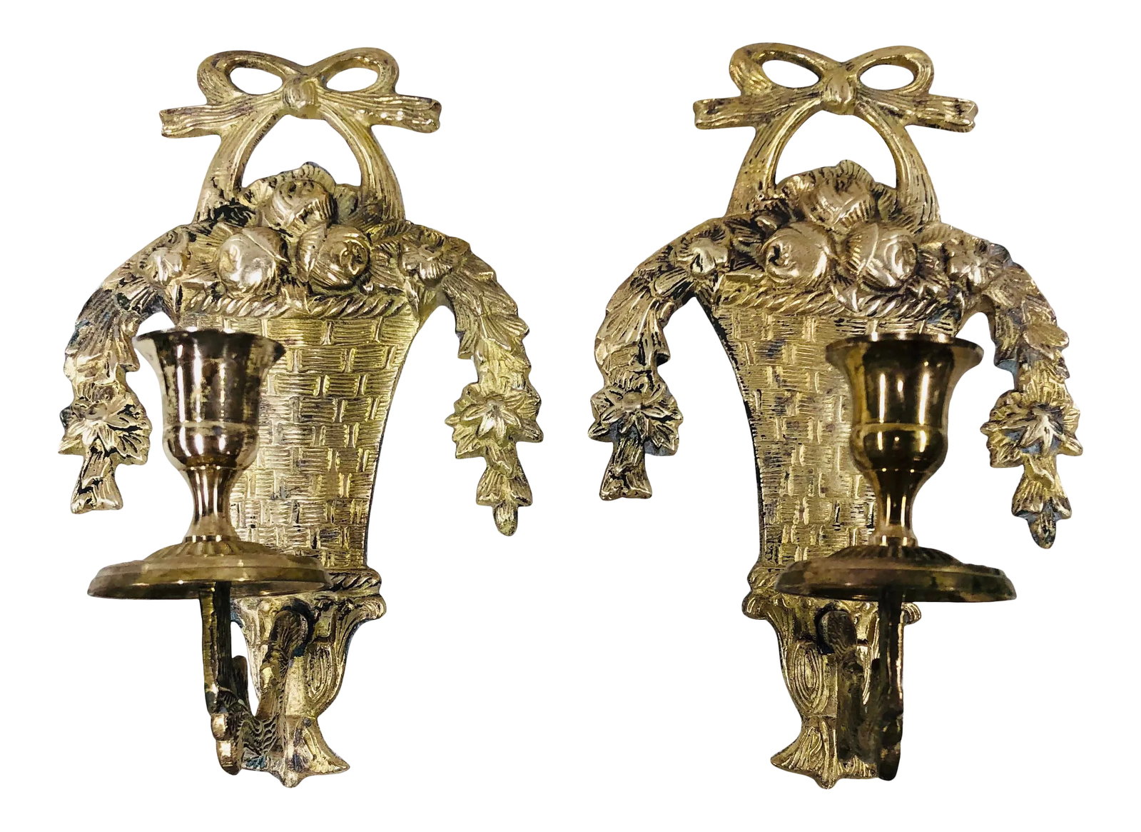 Vintage French Style Brass Wall Sconces of Baskets and Flower Garlands - a Pair: 1980s brass wall candle sconces in French style of basket and floral swags. Condition: Alterations: Original Condition Unaltered Imperfections: Some Imperfections Condition Notes: Some tarnish.