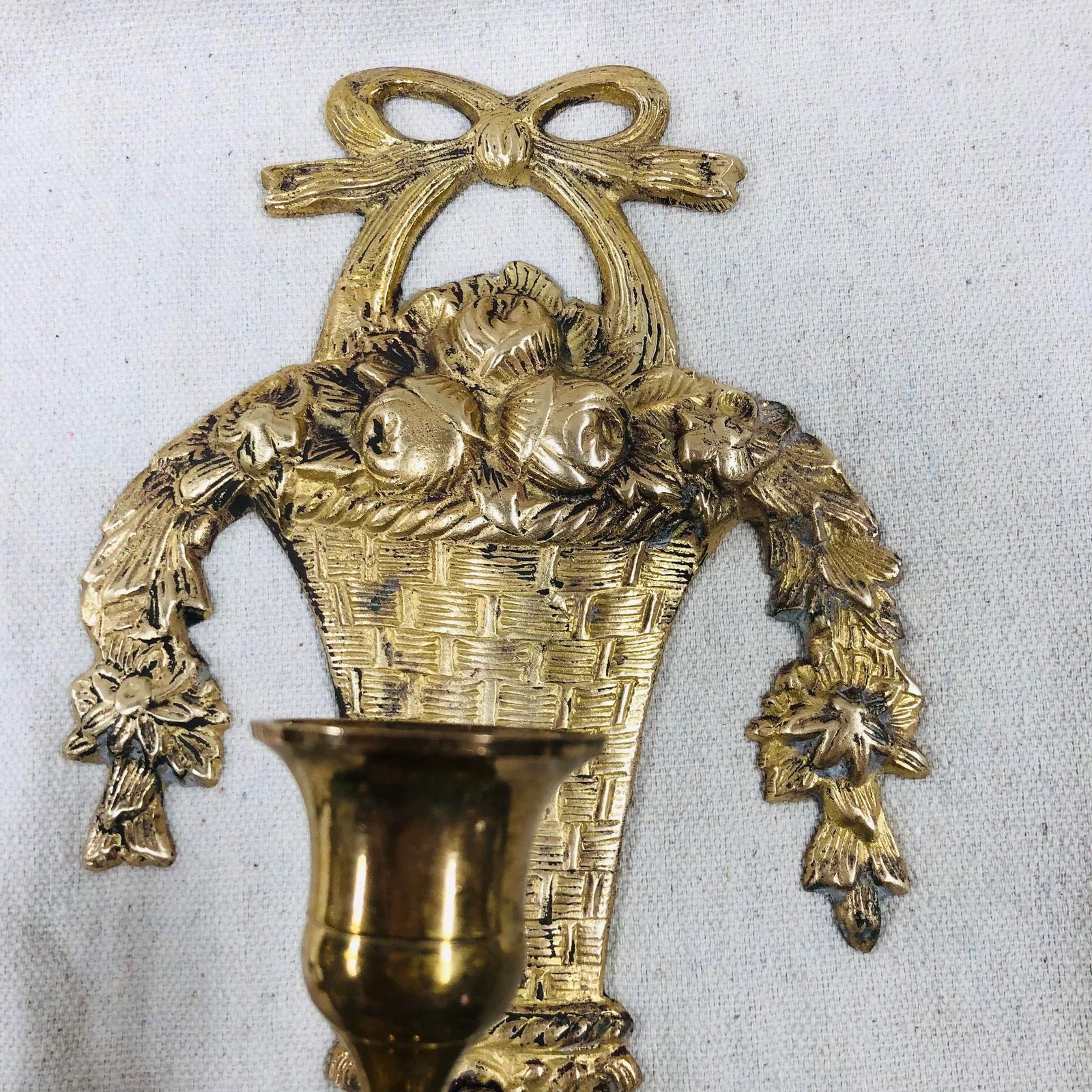 Vintage French Style Brass Wall Sconces of Baskets and Flower Garlands - a Pair - 2