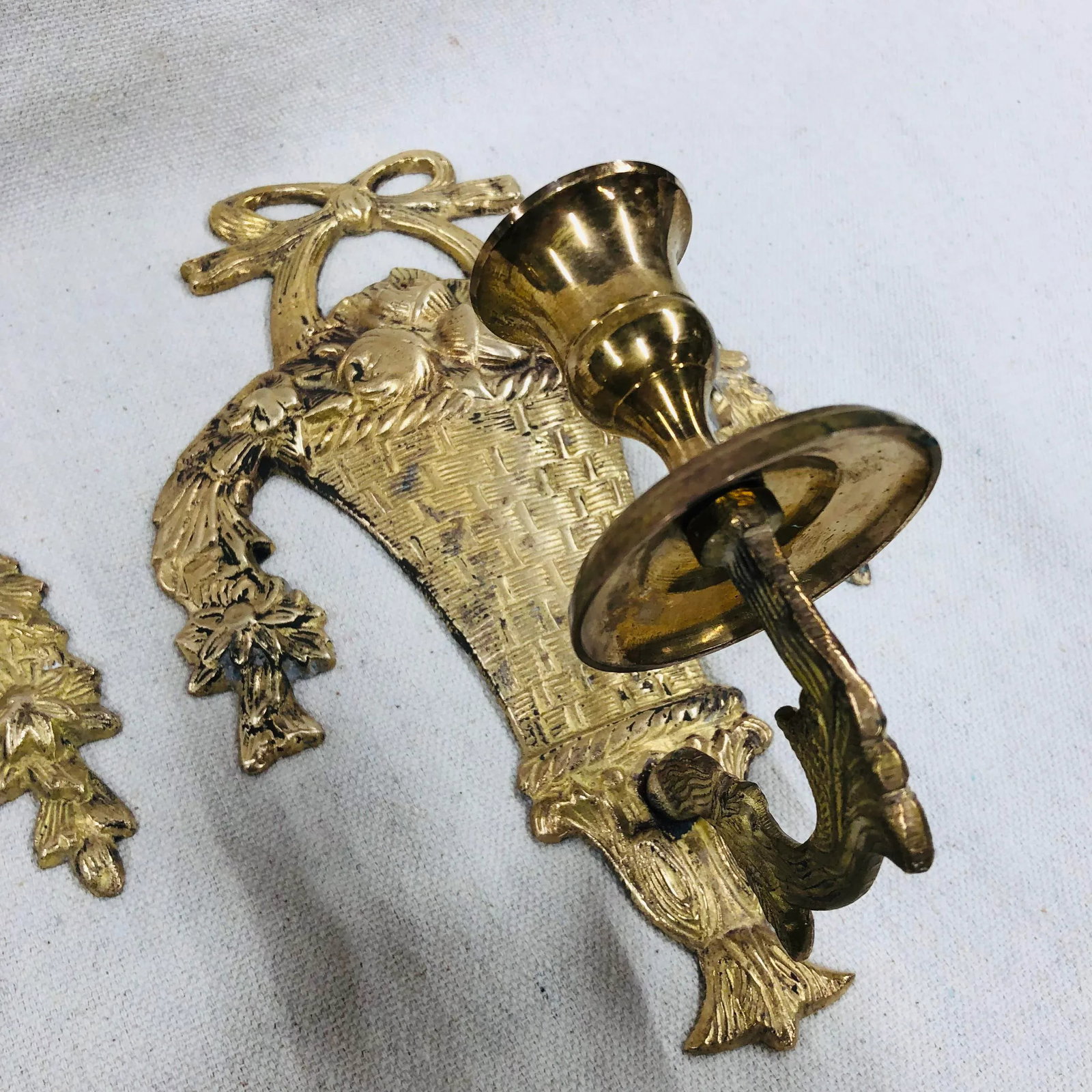 Vintage French Style Brass Wall Sconces of Baskets and Flower Garlands - a Pair - 3