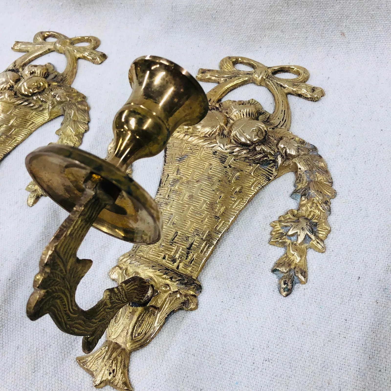 Vintage French Style Brass Wall Sconces of Baskets and Flower Garlands - a Pair - 4