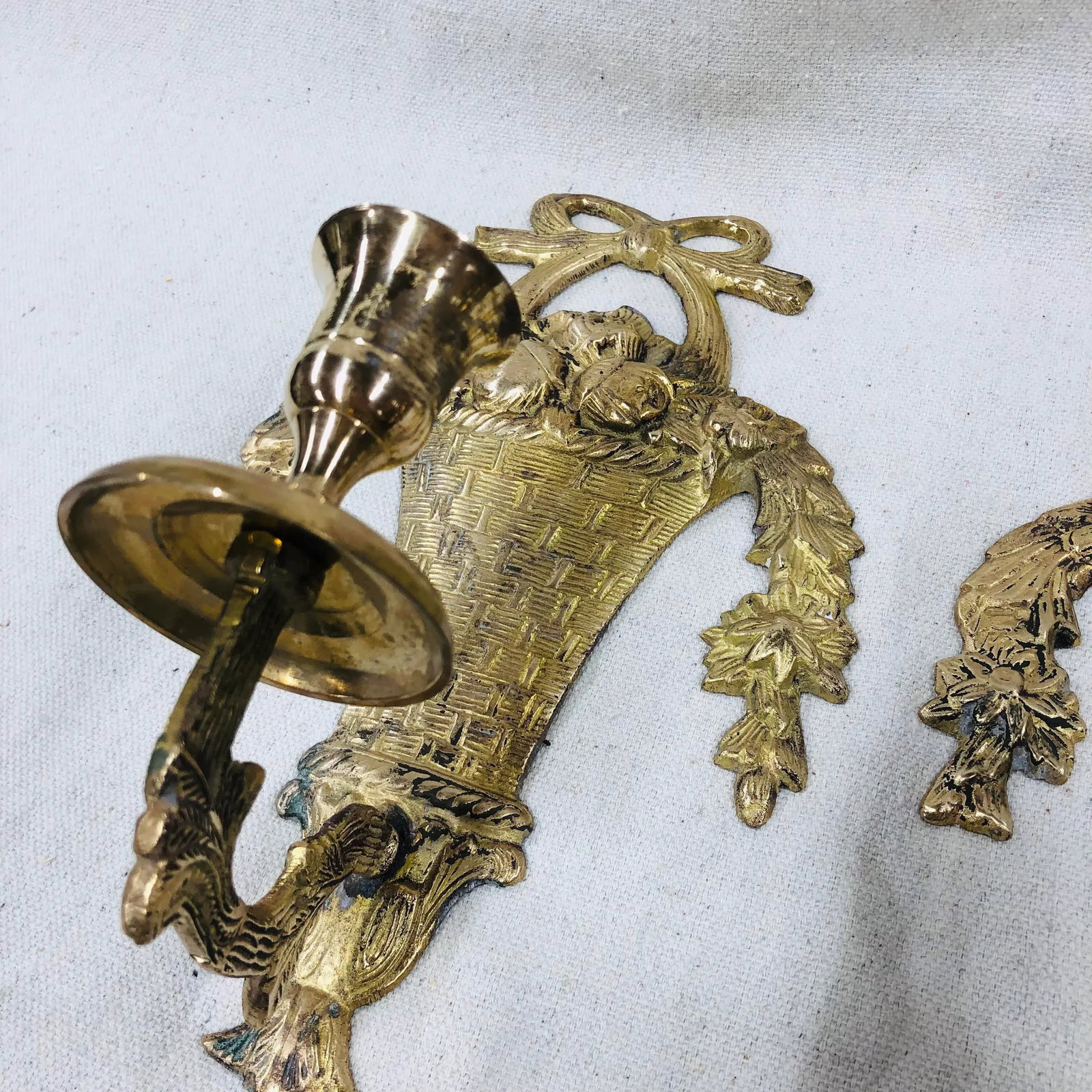 Vintage French Style Brass Wall Sconces of Baskets and Flower Garlands - a Pair - 5