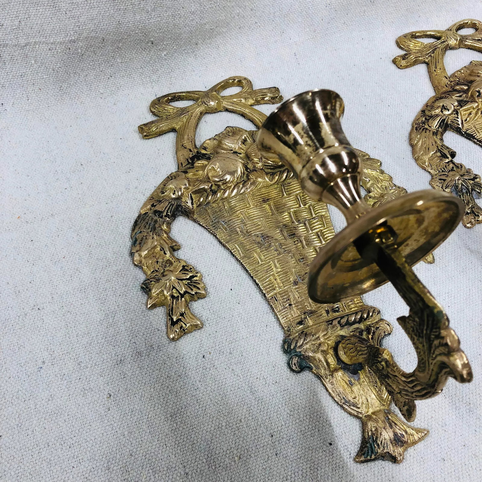 Vintage French Style Brass Wall Sconces of Baskets and Flower Garlands - a Pair - 6