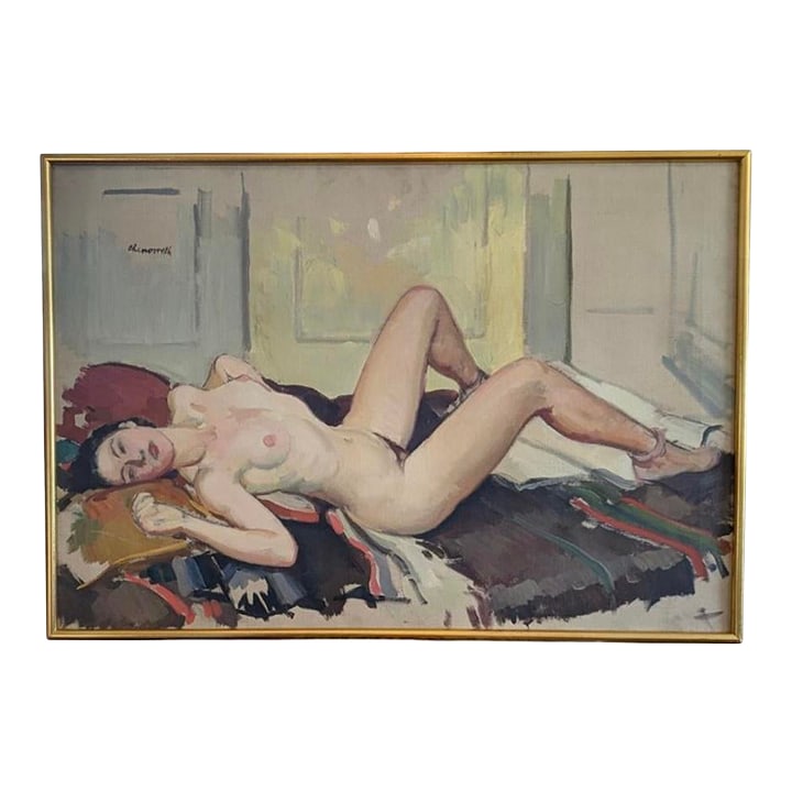 1950s Reclining Nude, Oil on Canvas, Signed "Chenoweth": Beautiful and somewhat provocative nude with a muted color palette and bold red and black textiles arranged beneath the subject. It reminds me of the type of painting done in Paris in the early 50's,