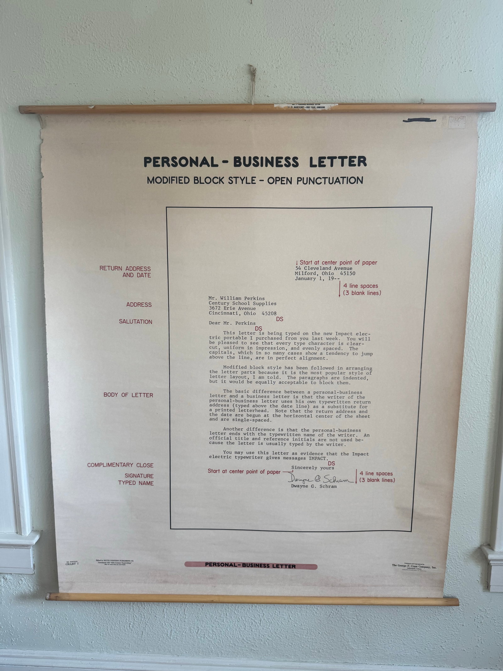 Vintage 1969 Typing Instruction Pull-Down Chart – Secretary School Poster -- Poster D - 2
