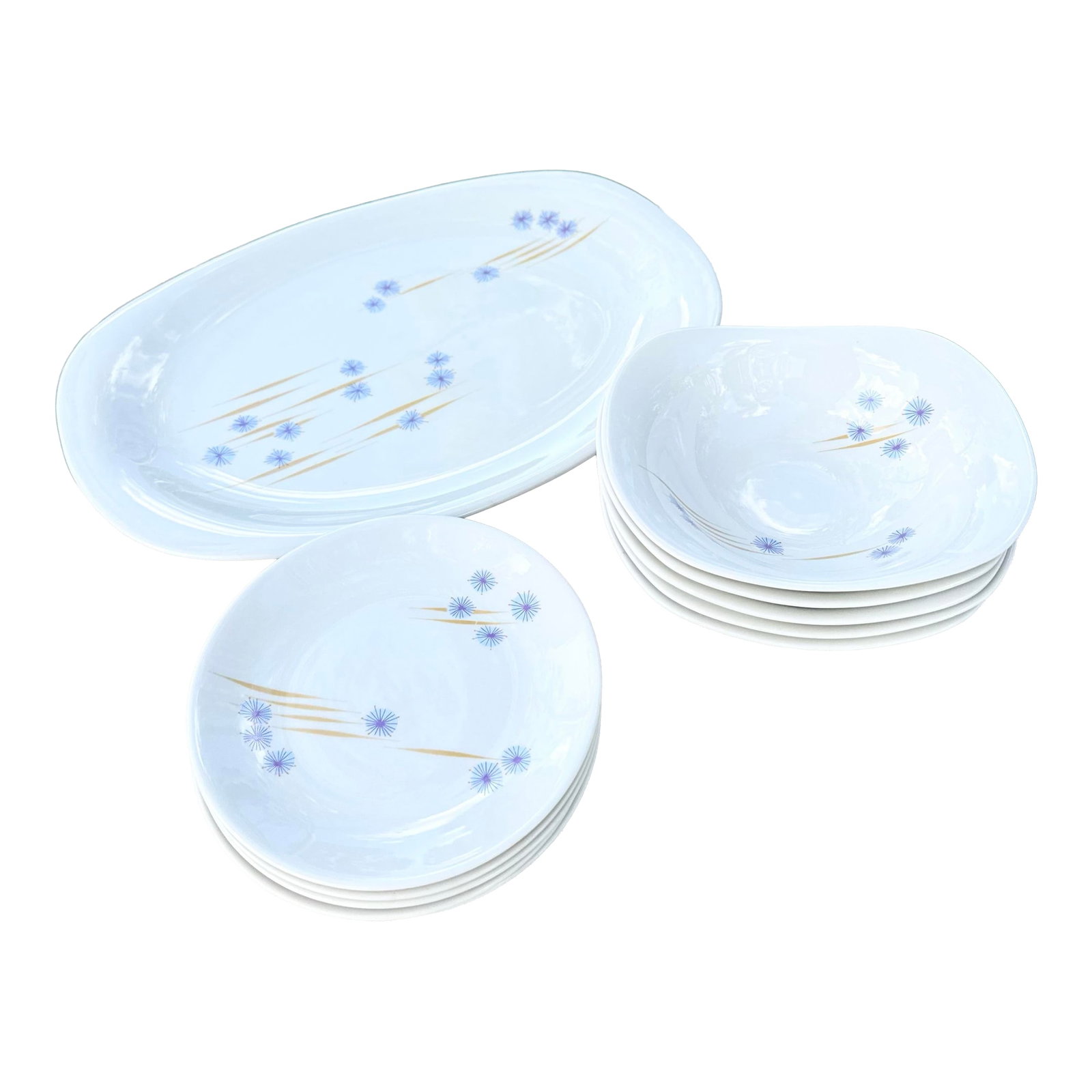 Mid Century Modern Iroquois Parasols Dish Set by Ben Seibel - 11 Pieces: Elegant Mid Century Modern dish set by Iroquois featuring the iconic "Parasols" pattern by Ben Seibel. Crafted in luminous ceramic, each piece is decorated with delicate lavender starburst motifs and