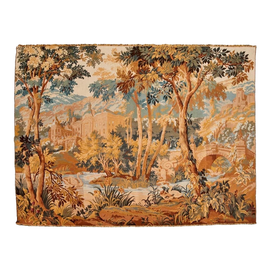 Vintage French Aubusson Verdure Tapestry by Point Genre Gobelins: An original and exquisite "Point Genre Gobelins" tapestry depicting a 17th Century landscape, and featuring adorable ducks (les canards) around a lake. The Point Genre Gobelins tapestries refer to