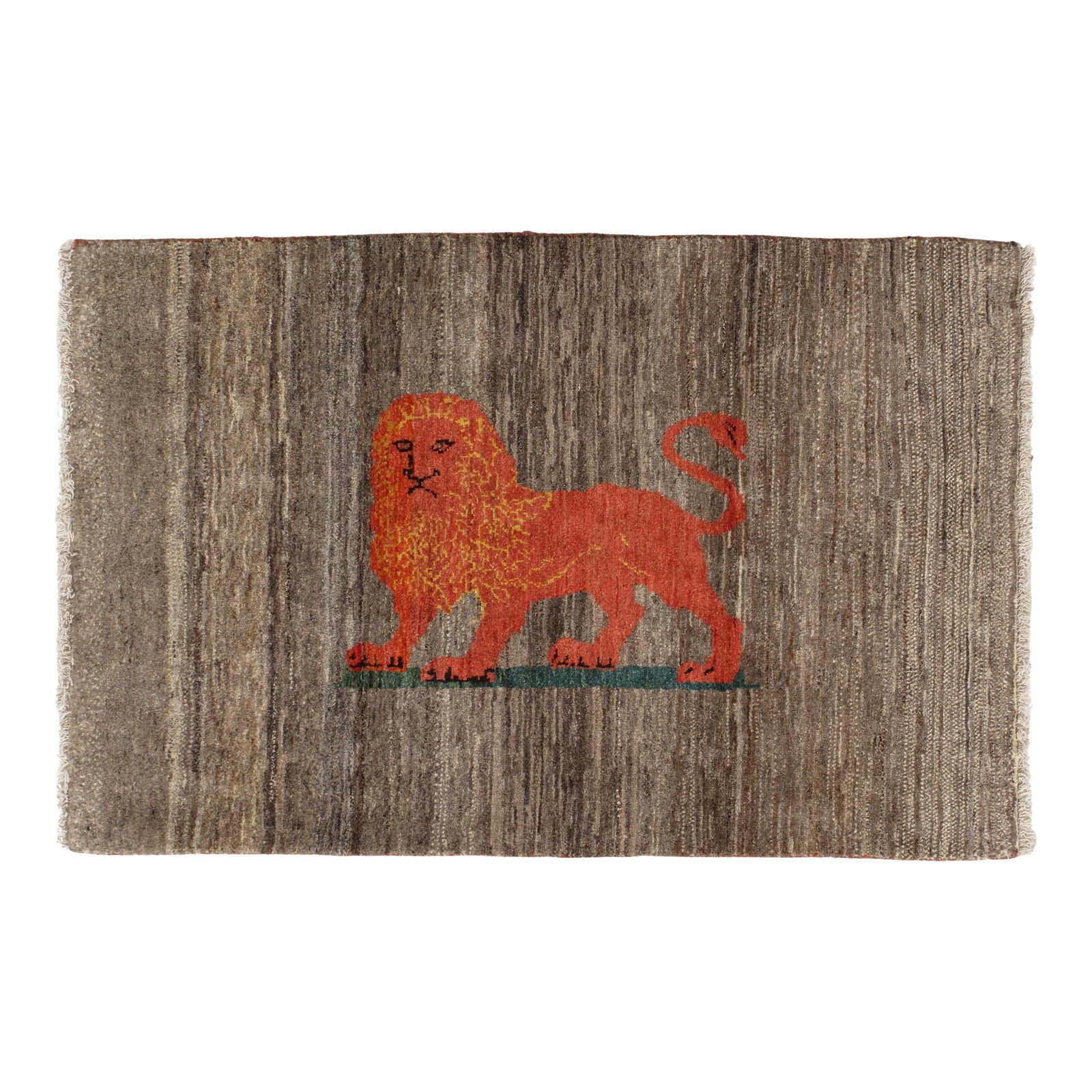 Vintage Hand-Knotted Persian Lori Gabbeh Rug 3'3" X 4'11": Vintage Persian hand-knotted Lori Gabbeh wool rug featuring a striking stylized lion motif set against a textured brown field. The bold central figure, rendered in warm red and golden tones, reflects
