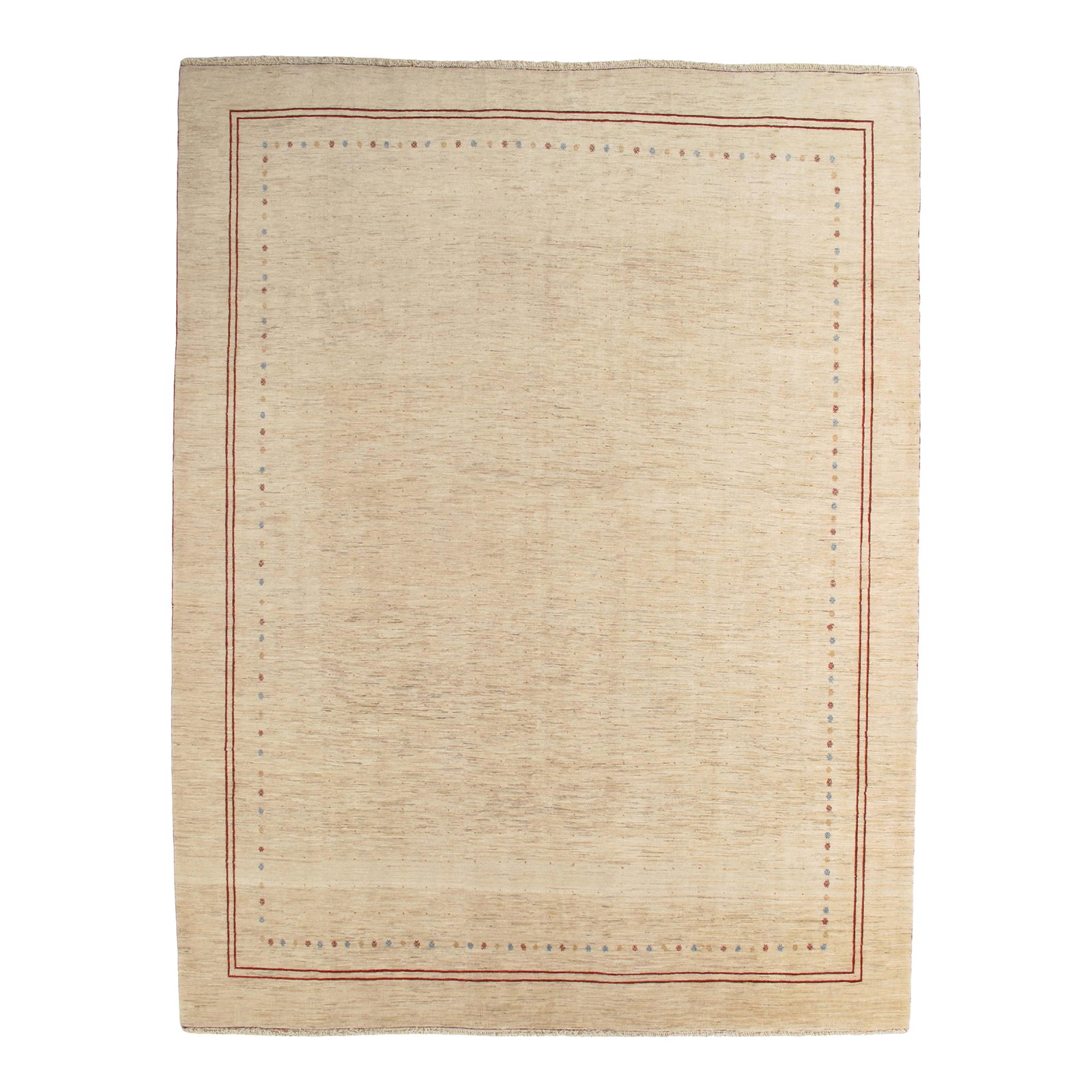 Vintage Hand-Knotted Persian Gabbeh Rug 9'10" X 12'9": Vintage hand-knotted Persian Fine Lori Gabbeh rug featuring a soft, open field with a delicate linear border and subtle multicolor accents. Lori Gabbeh rugs, woven by nomadic tribes in southwestern Ir