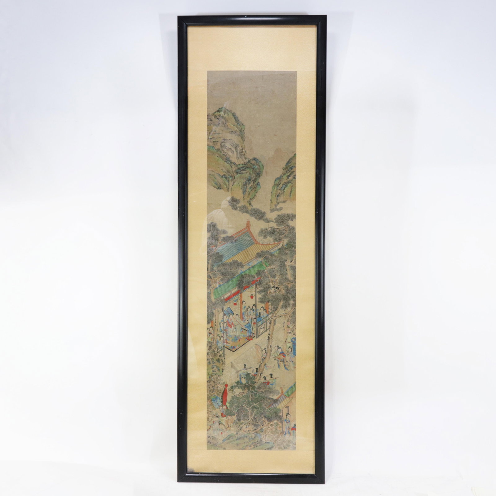 Vintage Chinese Framed Painting of Pavilion Garden Scene With Figures and Mountain Landscape - 10