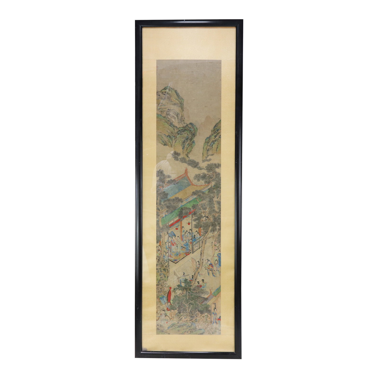 Vintage Chinese Framed Painting of Pavilion Garden Scene With Figures and Mountain Landscape: This elegant vintage Chinese painting depicts a refined garden pavilion scene set within a serene mountainous landscape, featuring finely detailed figures engaged in social and leisure activities. Ren