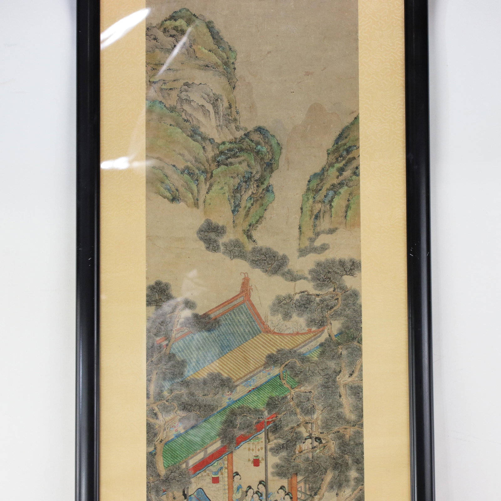 Vintage Chinese Framed Painting of Pavilion Garden Scene With Figures and Mountain Landscape - 3