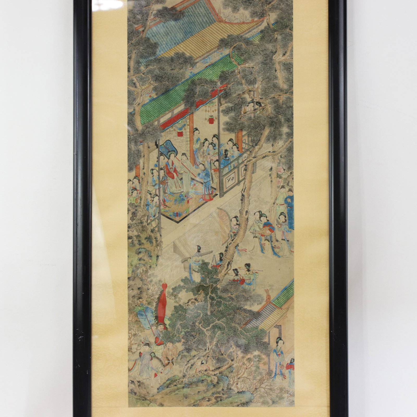 Vintage Chinese Framed Painting of Pavilion Garden Scene With Figures and Mountain Landscape - 4