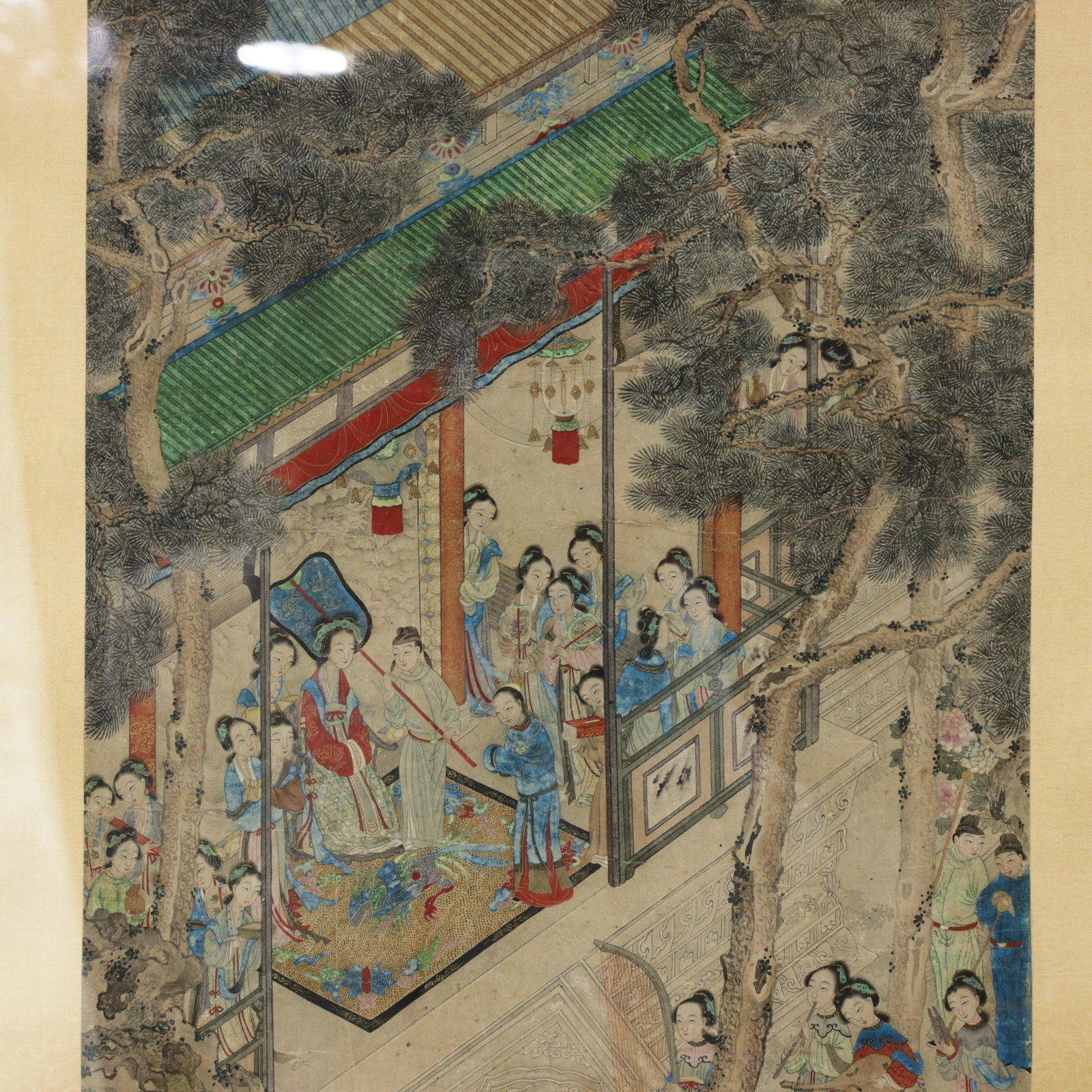 Vintage Chinese Framed Painting of Pavilion Garden Scene With Figures and Mountain Landscape - 5