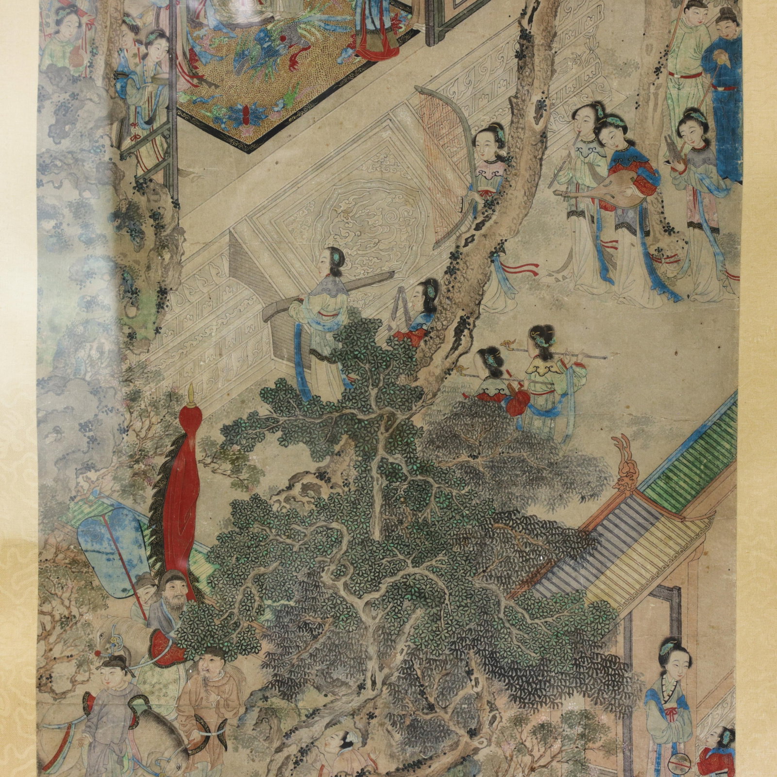 Vintage Chinese Framed Painting of Pavilion Garden Scene With Figures and Mountain Landscape - 6