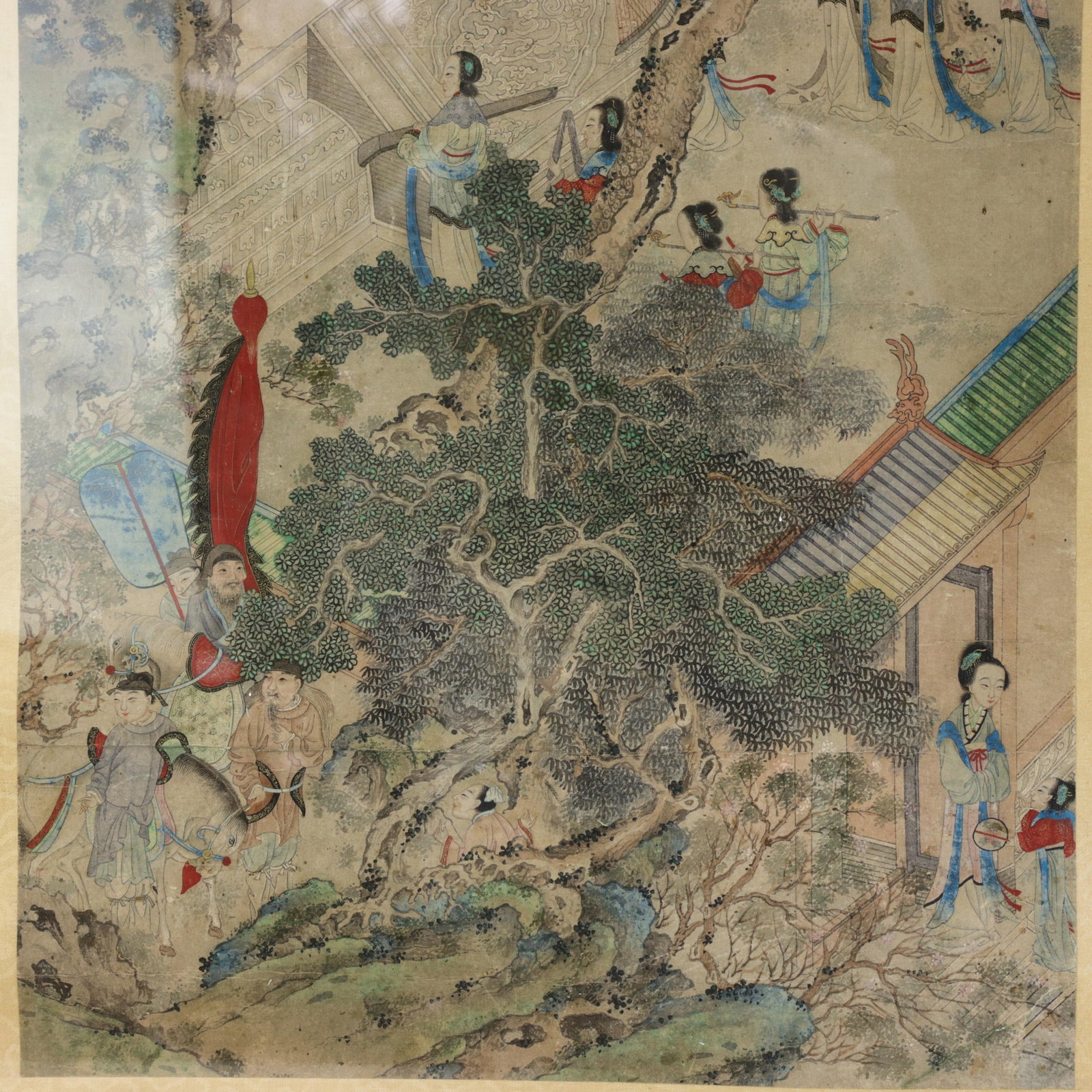Vintage Chinese Framed Painting of Pavilion Garden Scene With Figures and Mountain Landscape - 8