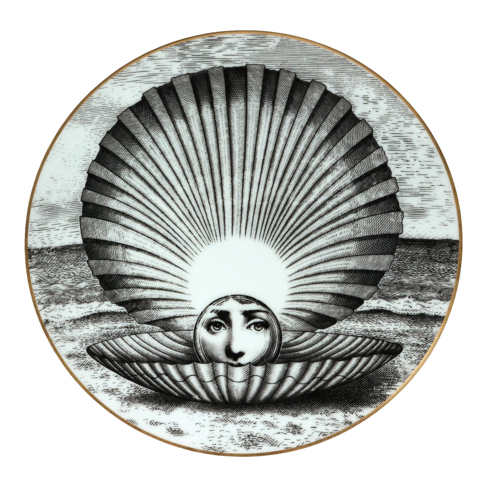 Piero Fornasetti Themes & Variations for Rosenthal, Motiv 14: Modern Myth: Rosenthal Fornasetti "Lina as Pearl" Plate Themes & Variations (Motiv 14), 1980s This striking porcelain plate is a premier example of the collaboration between the legendary Italian