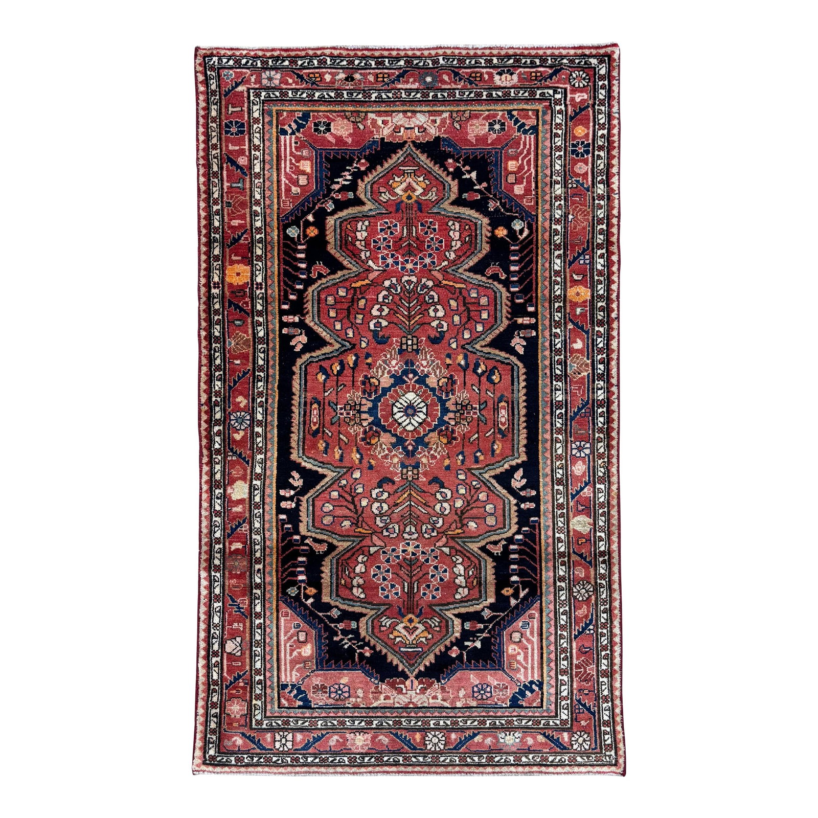 Antique Persian Hamadan Hand-Knotted Rug 3'7" X 6'1": Hand-knotted village rug from the Hamadan region of western Iran, featuring a series of connected geometric medallions aligned along the central axis within a deep navy field. The design incorporates 