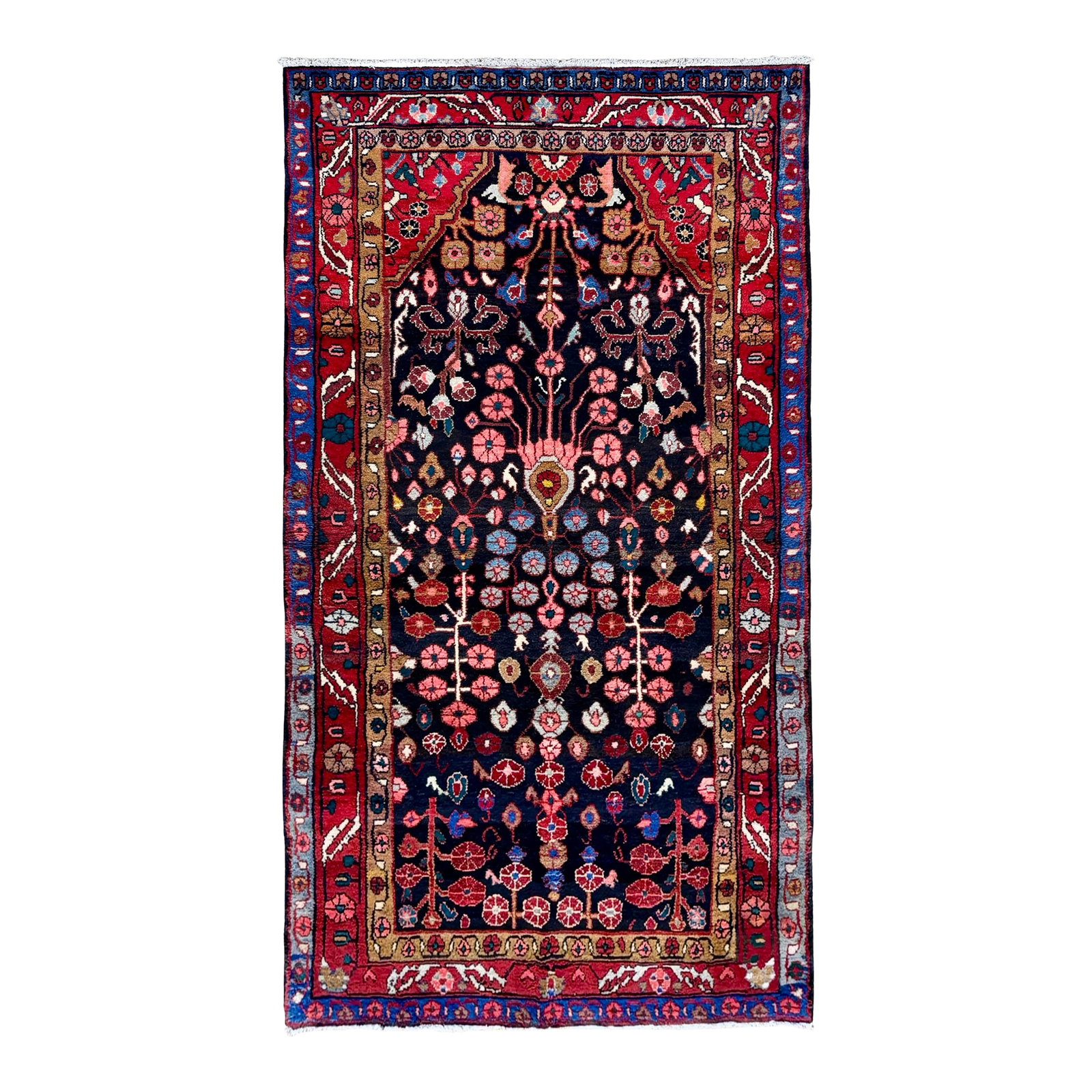 Antique Persian Nahavand Hand-Knotted Rug 4'3" X 9'5": Antique hand-knotted rug from the Nahavand region of western Iran, featuring a deep navy field with a prominent tree-of-life composition. The design is filled with stylized floral elements, palmettes,