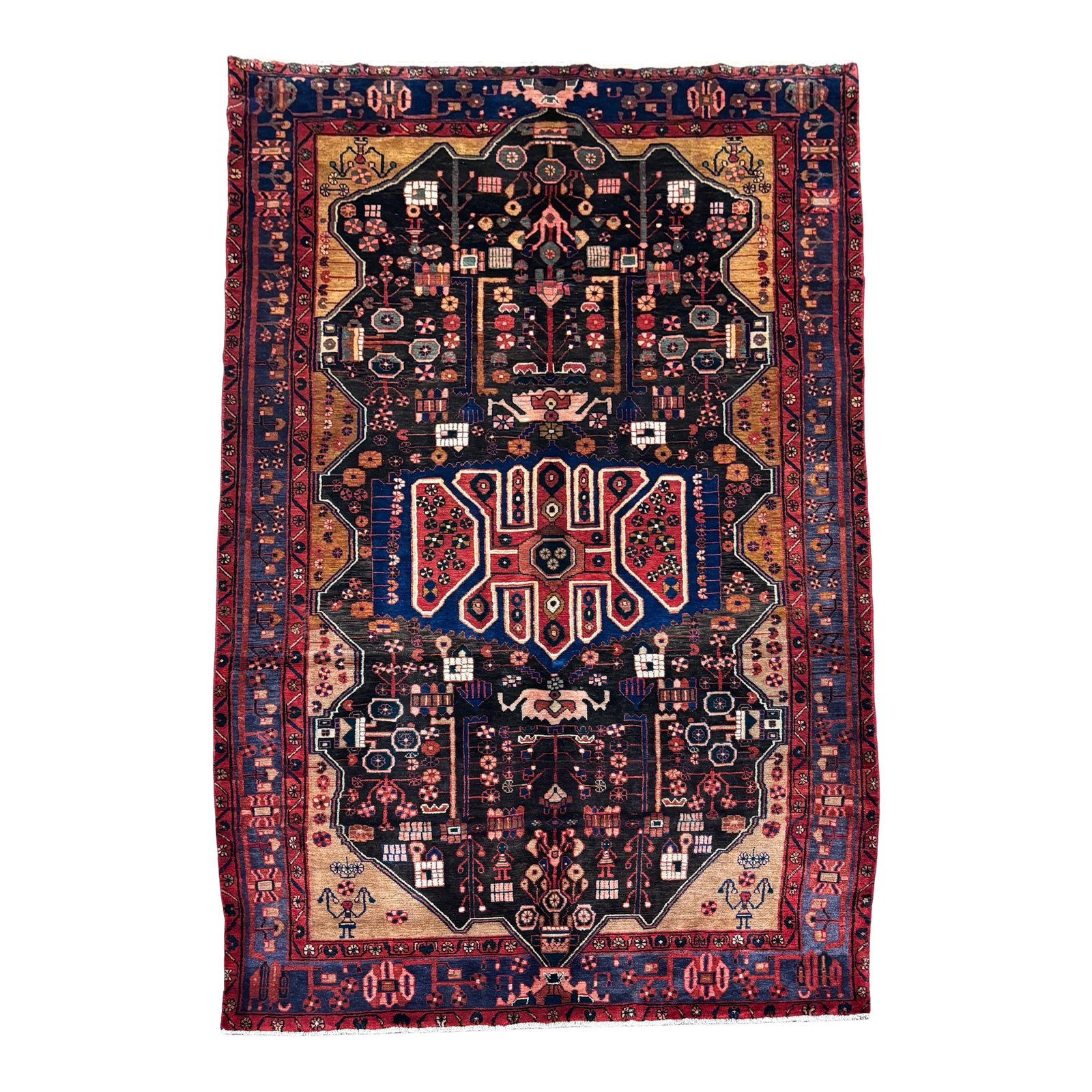 Antique Persian Nahavand Hand-Knotted Rug 5'6" X 9'11": Antique hand-knotted rug from the Nahavand region of western Iran, featuring a complex geometric-medallion composition set within an angular, stepped field. The central medallion is multi-lobed with s