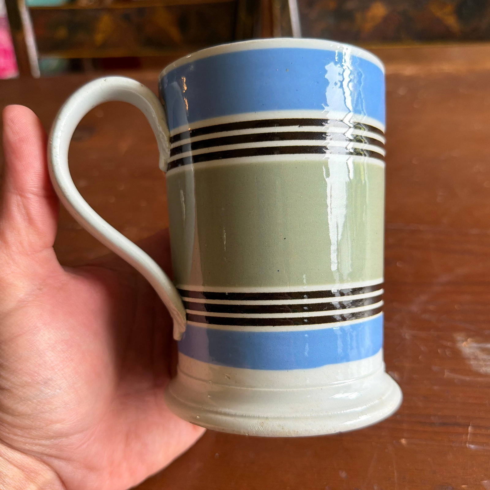 Antique Staffordshire Pearlware Mocha Banded Tankard, Circa 1820s - 12