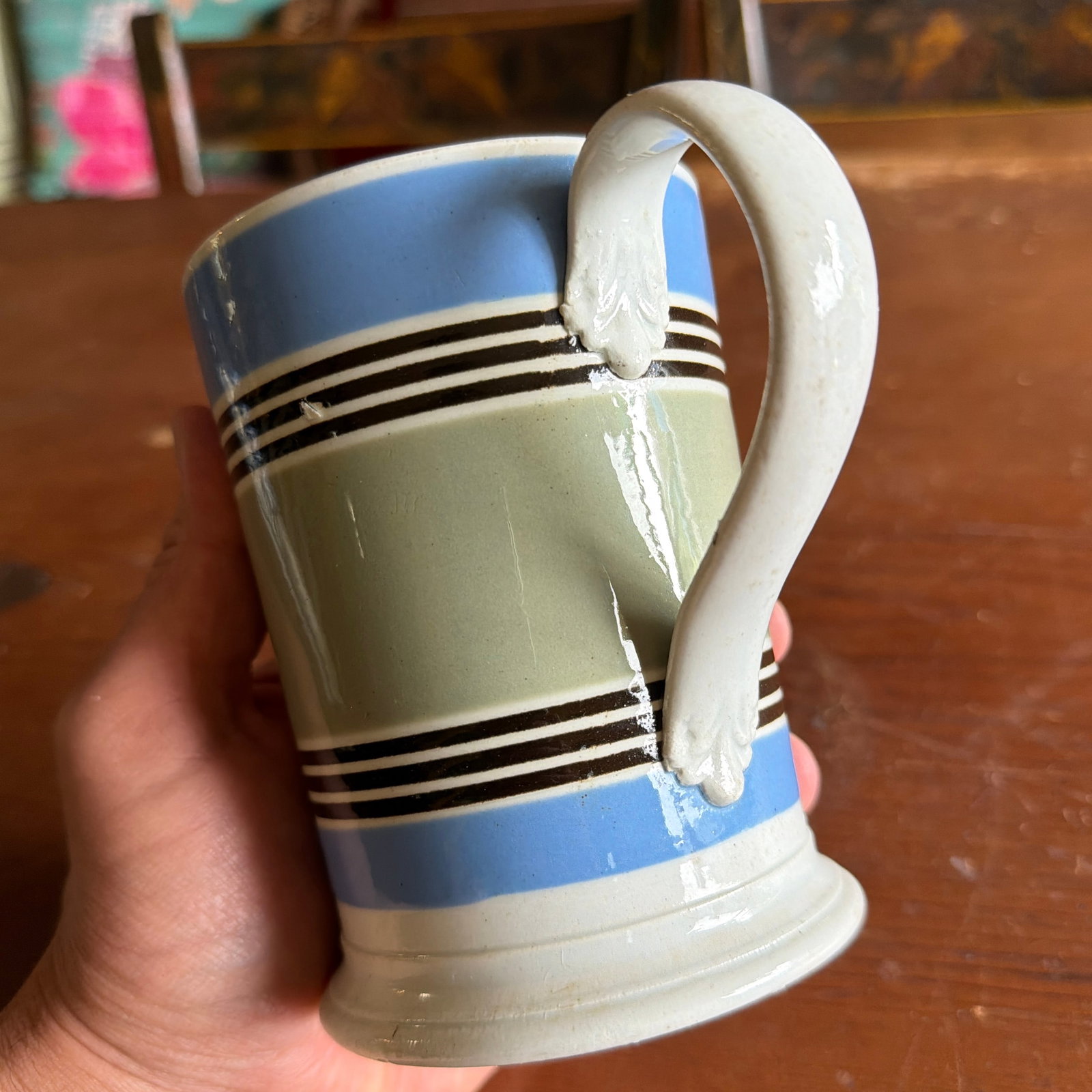 Antique Staffordshire Pearlware Mocha Banded Tankard, Circa 1820s - 8