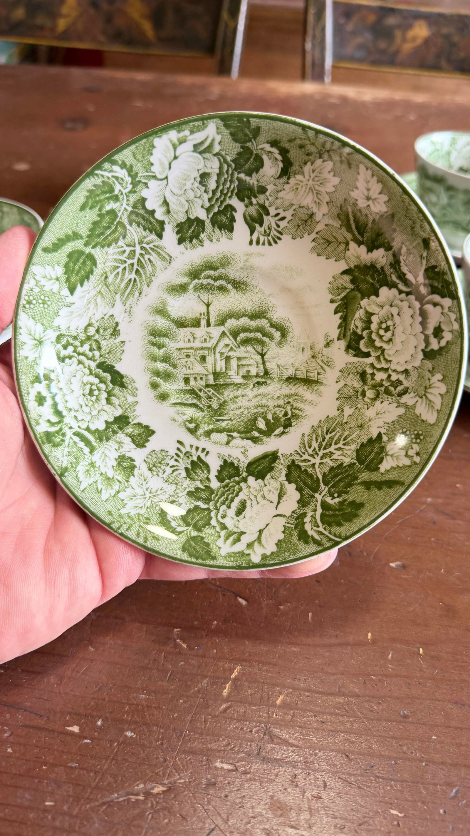 1940s Wood's "English Scenery" Green Transfer Cups and Saucers - Set of Four Enoch - 11