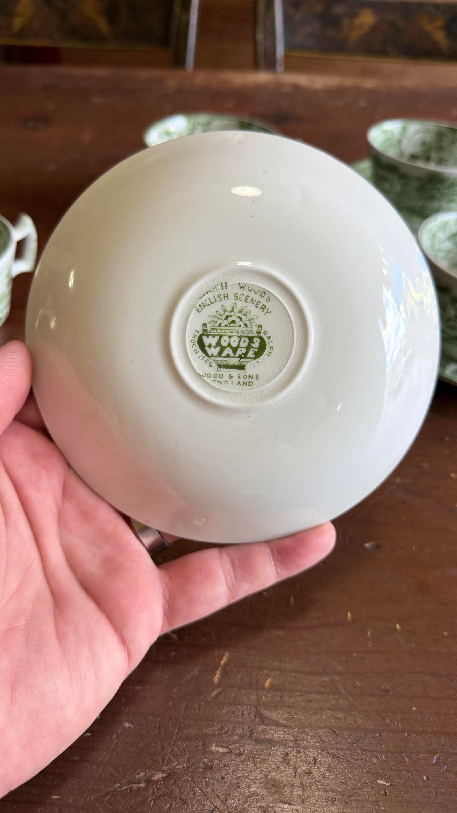 1940s Wood's "English Scenery" Green Transfer Cups and Saucers - Set of Four Enoch - 12