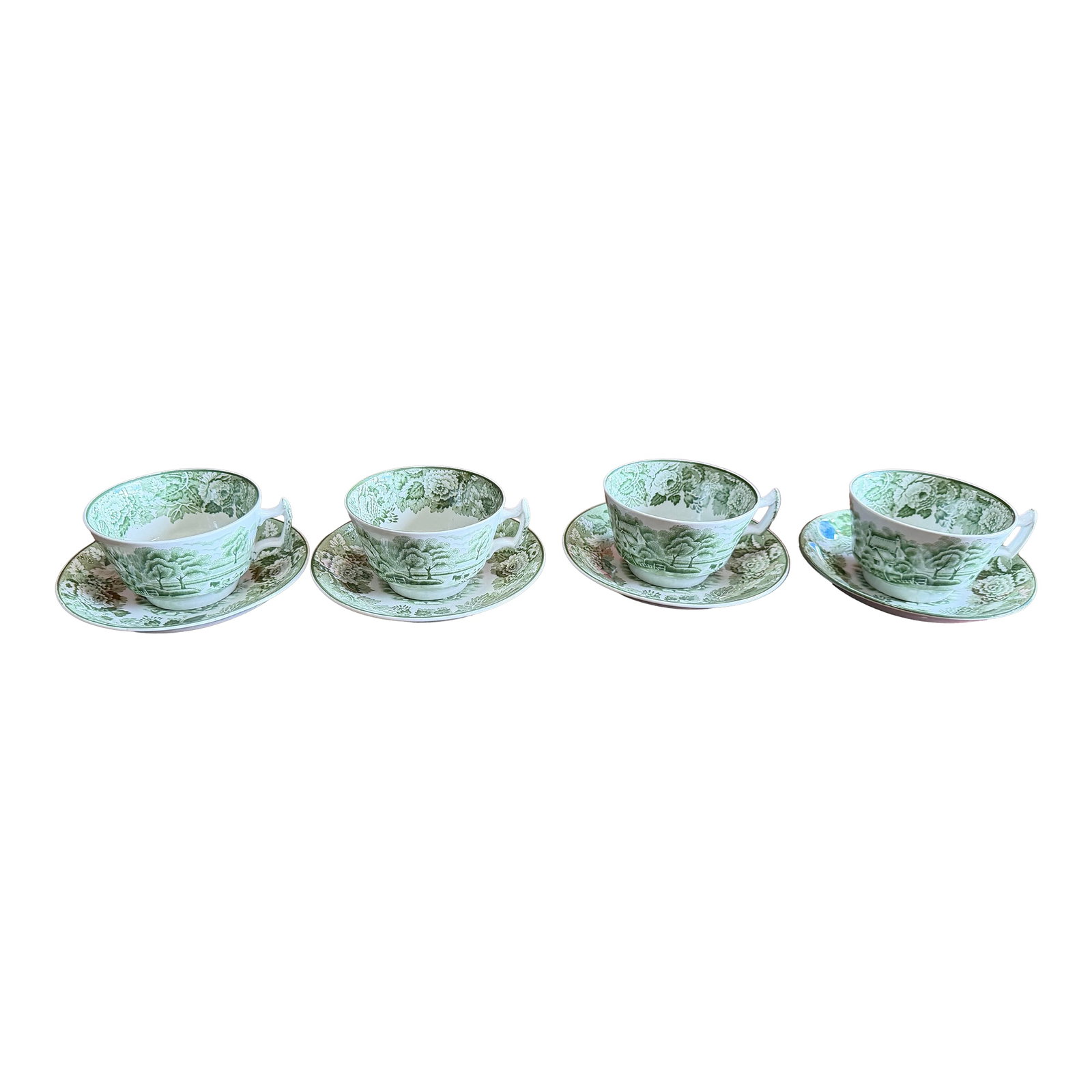 1940s Wood's "English Scenery" Green Transfer Cups and Saucers - Set of Four Enoch: Set of Four Enoch Wood's "English Scenery" Green Transfer Cups and Saucers, Circa 1940s A charming and collectible set of four green transfer printed cups and saucers in the beloved "English Scenery"