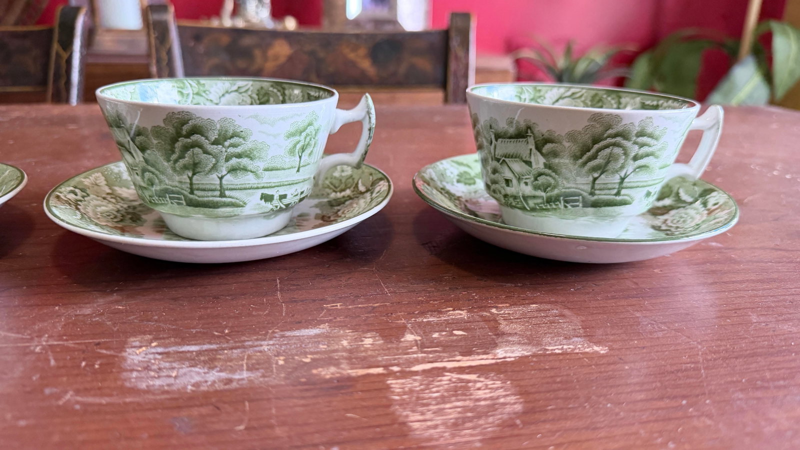 1940s Wood's "English Scenery" Green Transfer Cups and Saucers - Set of Four Enoch - 2