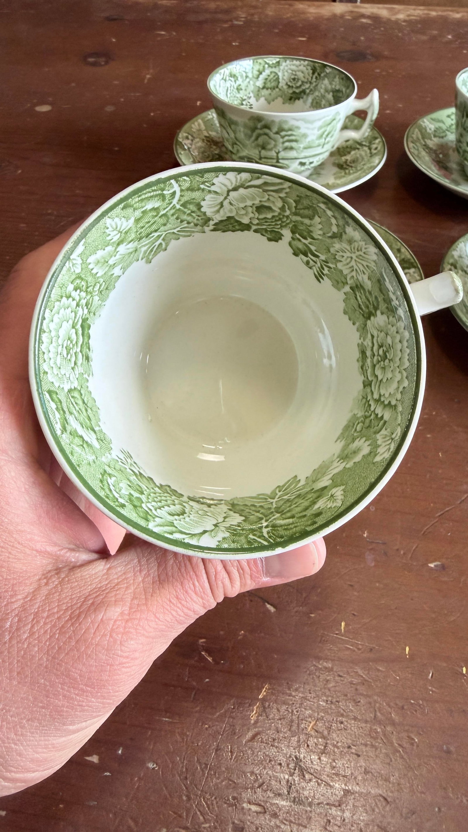 1940s Wood's "English Scenery" Green Transfer Cups and Saucers - Set of Four Enoch - 3