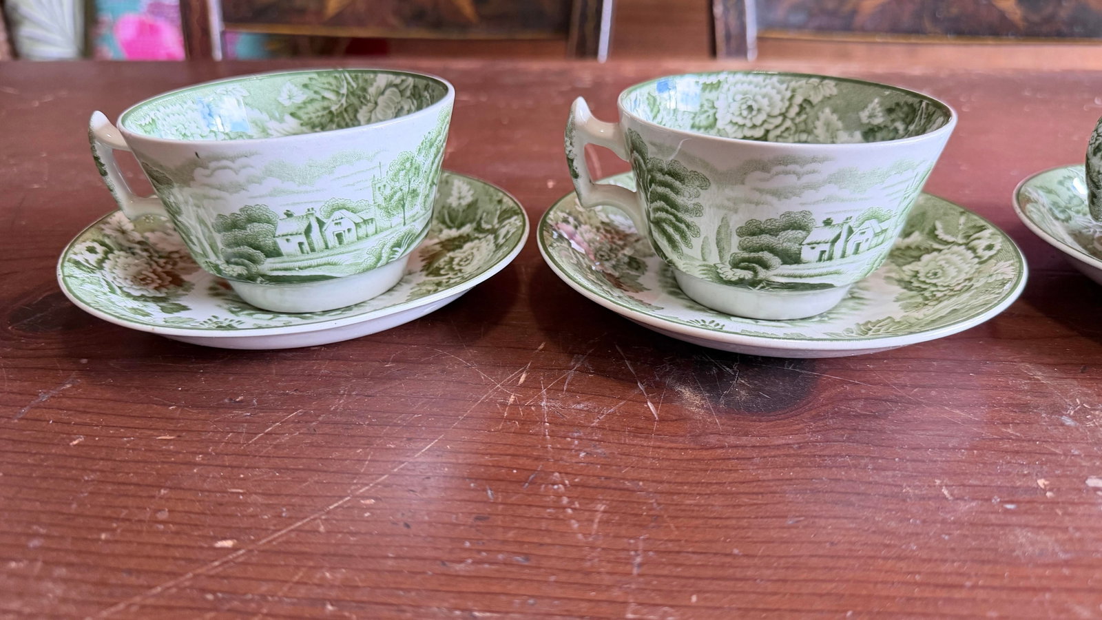 1940s Wood's "English Scenery" Green Transfer Cups and Saucers - Set of Four Enoch - 4