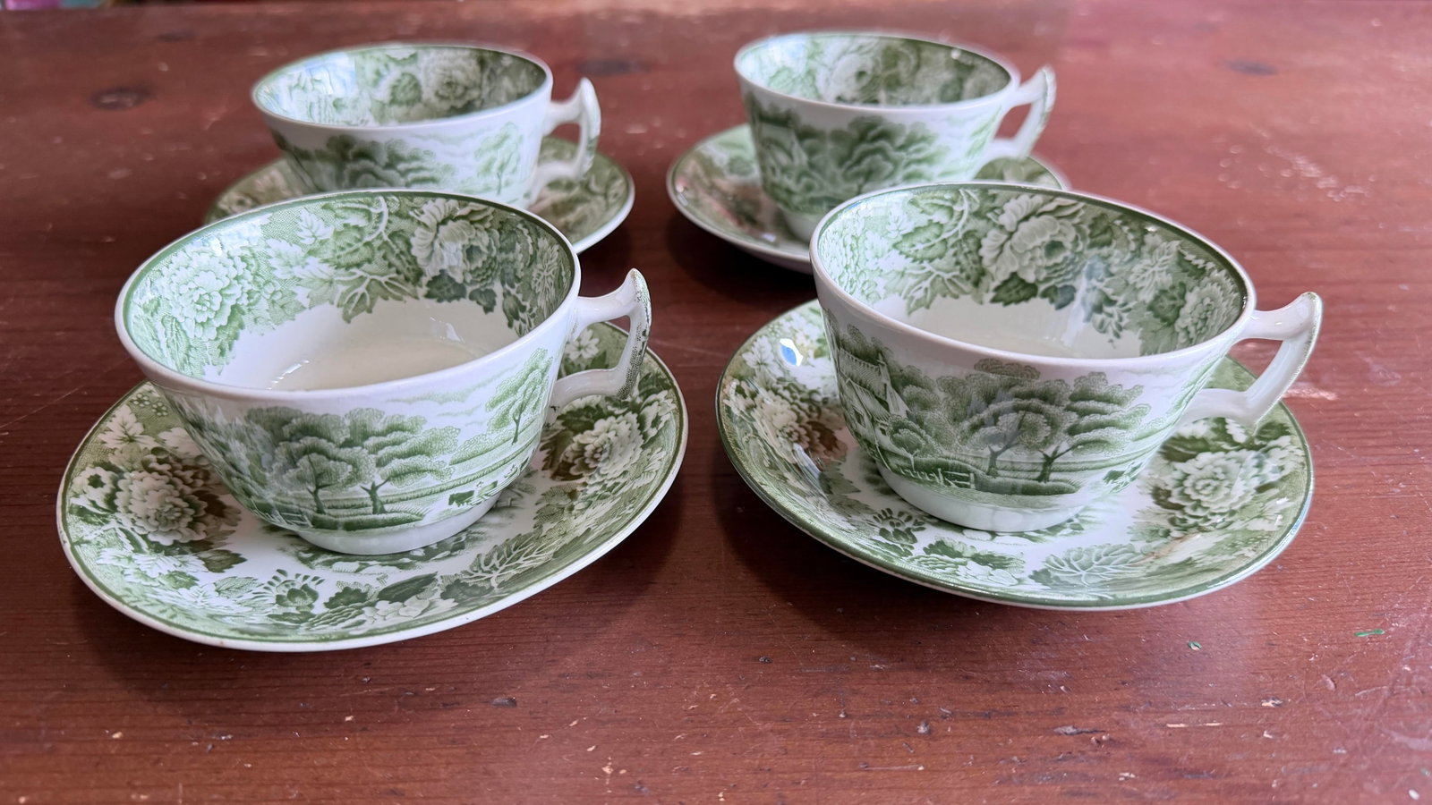 1940s Wood's "English Scenery" Green Transfer Cups and Saucers - Set of Four Enoch - 5
