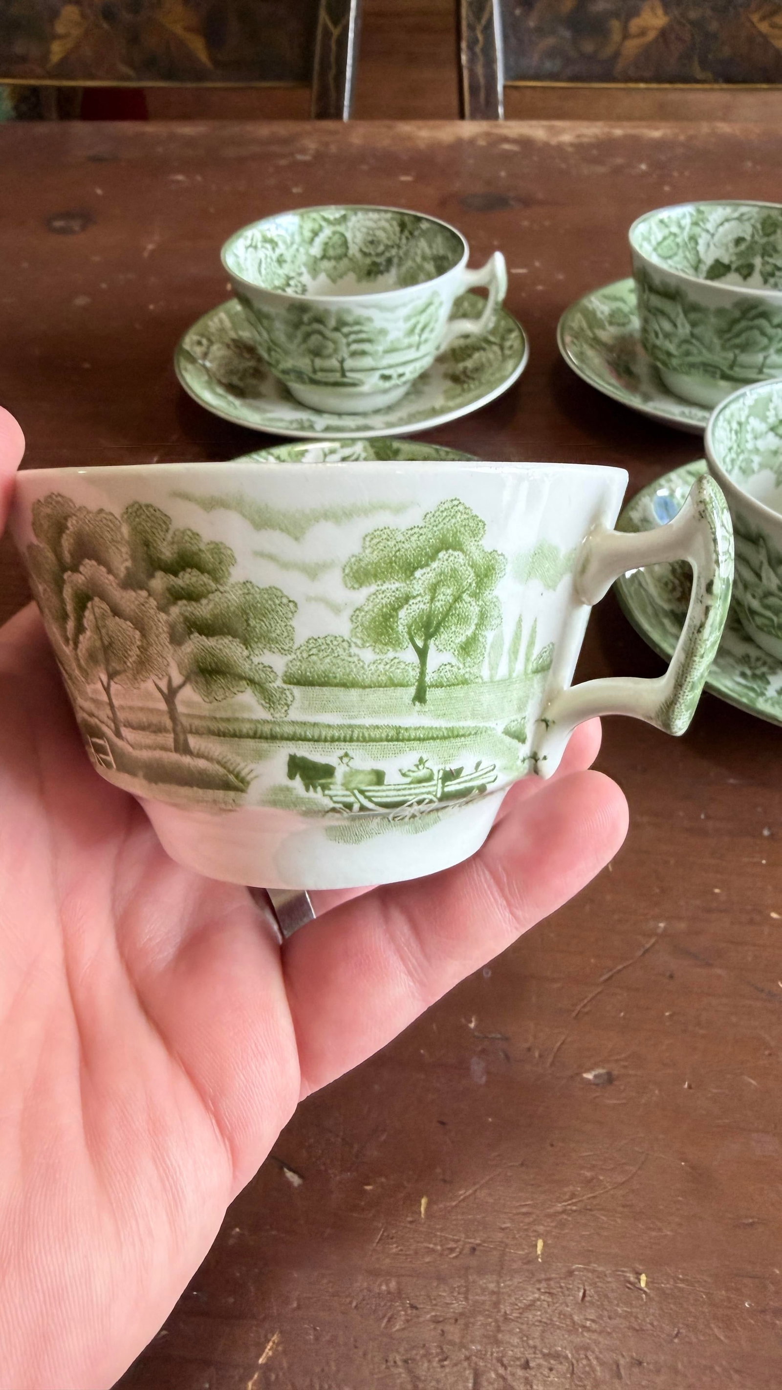 1940s Wood's "English Scenery" Green Transfer Cups and Saucers - Set of Four Enoch - 6