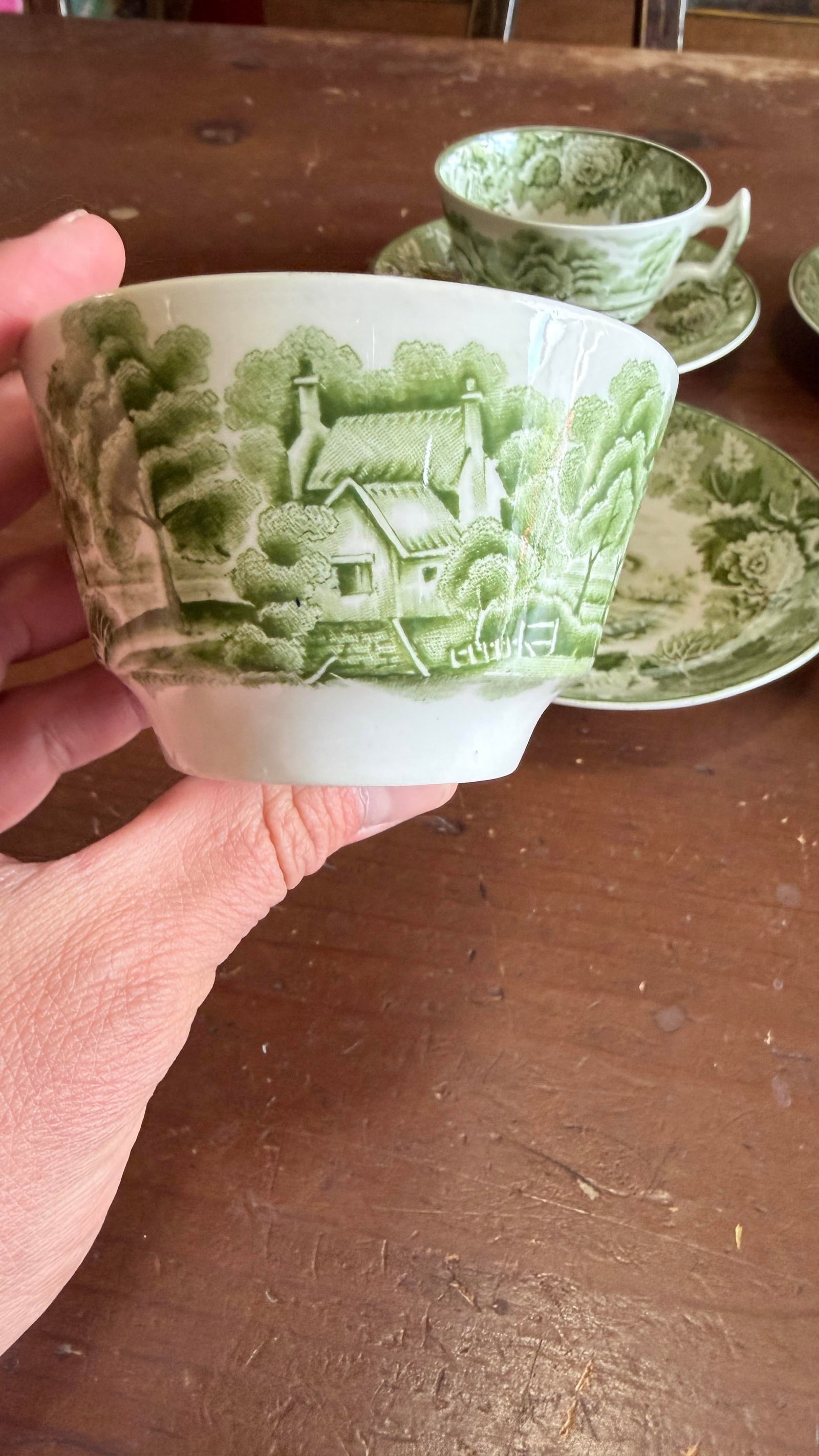 1940s Wood's "English Scenery" Green Transfer Cups and Saucers - Set of Four Enoch - 7