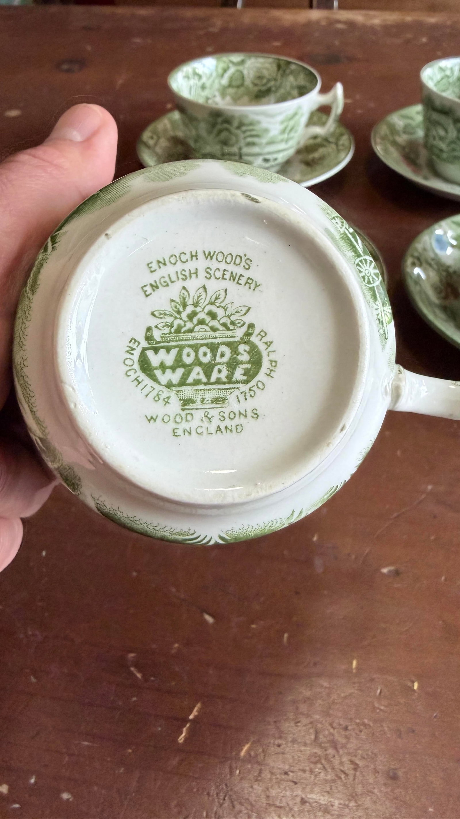 1940s Wood's "English Scenery" Green Transfer Cups and Saucers - Set of Four Enoch - 8
