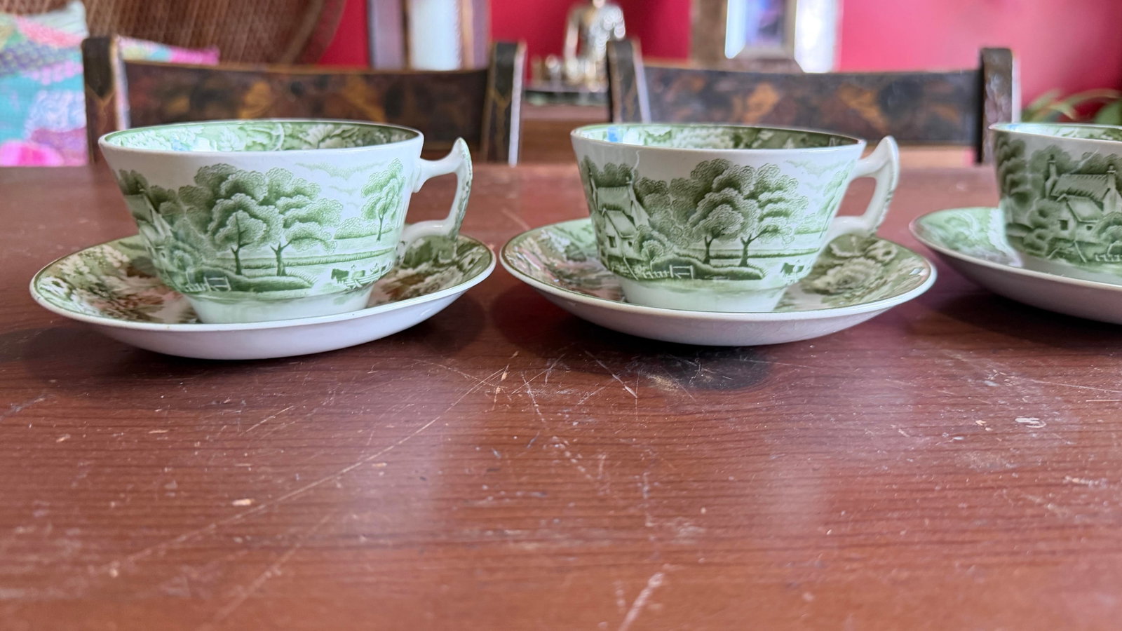 1940s Wood's "English Scenery" Green Transfer Cups and Saucers - Set of Four Enoch - 9