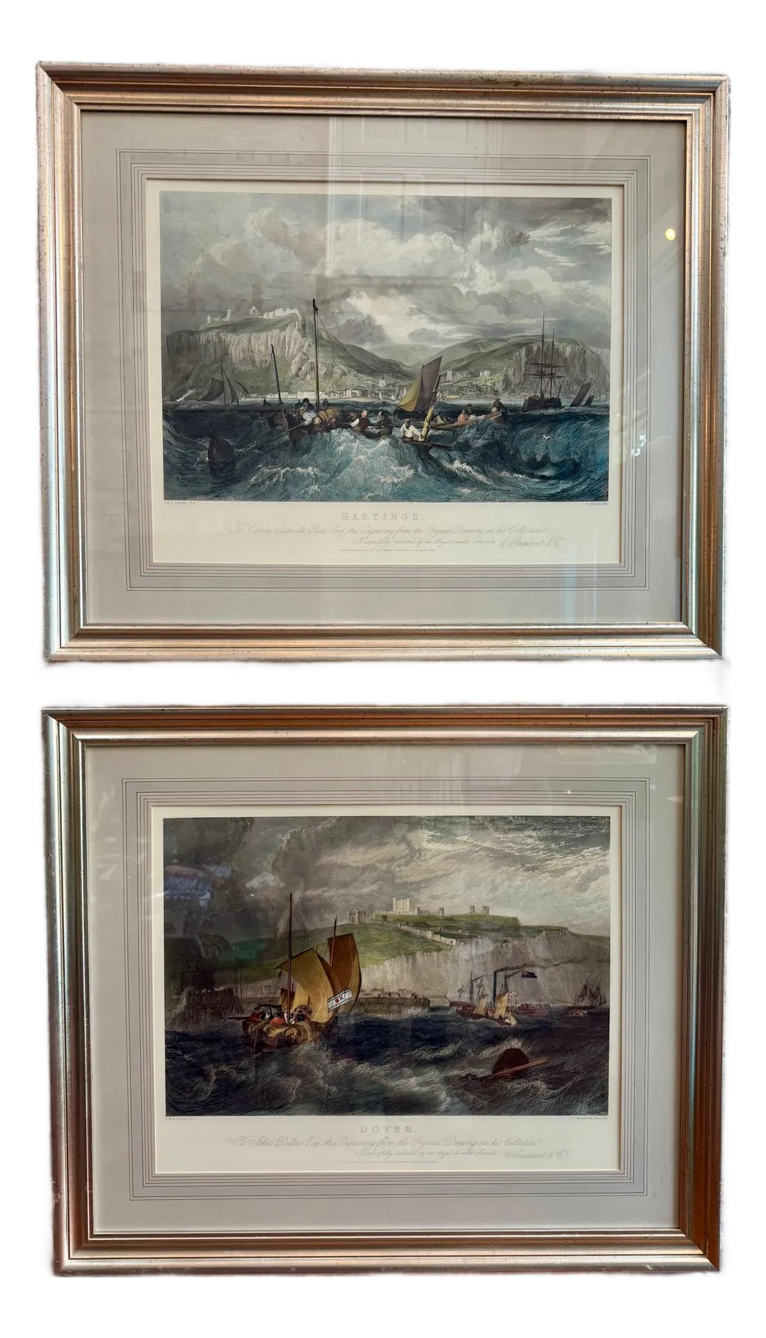 Late 20th Century Pair of Joseph Mallard William Turner House Lithographs: The prints in the image of are engravings of works Joseph Mallard William Turner. The top print is "Hastings" and the bottom print is "Dover Chelsea House Lithographs-Pair. 35" Wide x 30" Tall.