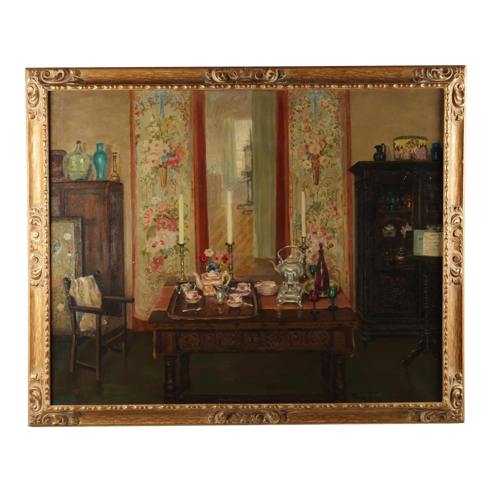 1940s Mary Gray (American, 1891-1964), Tea Time in the Studio: Oil on canvas, signed at lower right, presented in a period gilt frame. Stretcher size 41 x 50 in.; Frame dimensions 46 x 55 1/2 in. Exhibited: Grand Central Art Galleries, New York The Art Center,