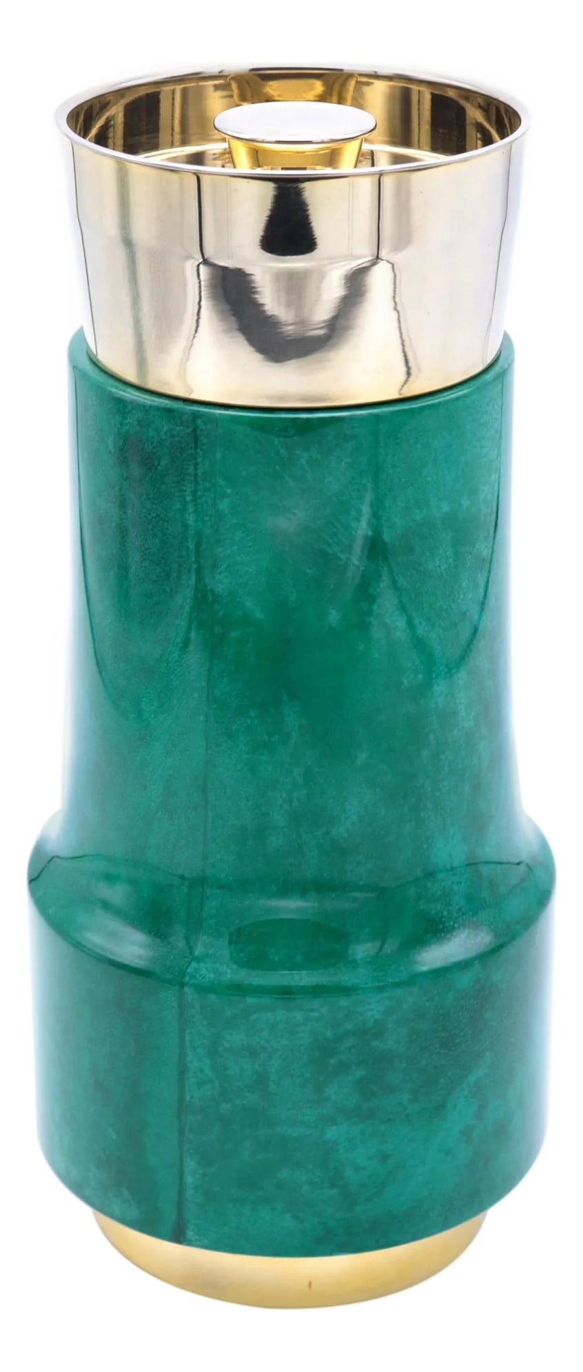 1960s Aldo Tura Modernist Cocktail Shaker: An Aldo Tura Modernist cocktail shaker. Green colored parchment with silver and brass plated details. Condition: Alterations: Original Condition Unaltered Imperfections: Some Imperfections Condition
