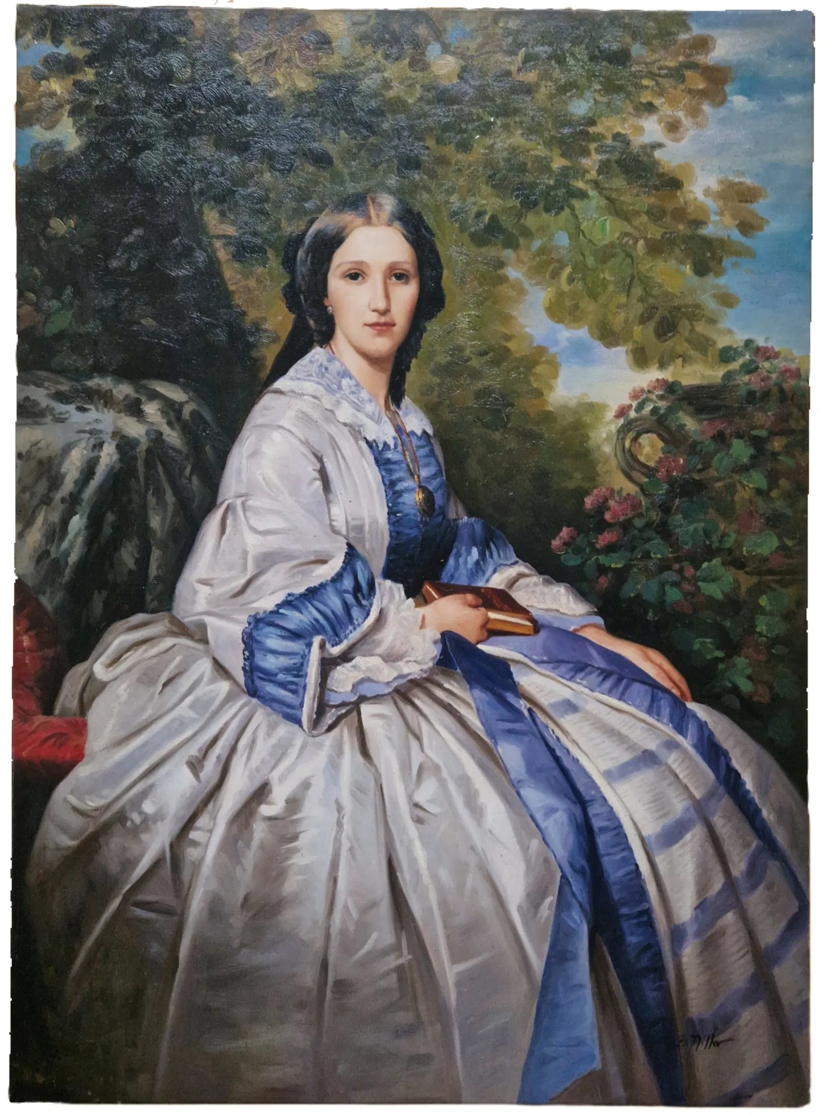 Mid-20th Century Signed G. Miller - Portrait of a Lady in a Garden, Oil on Canvas - 4