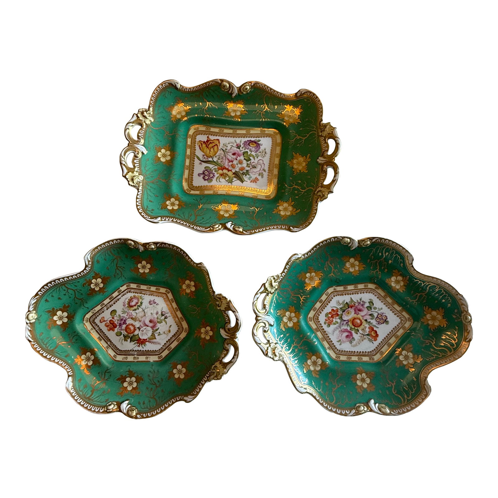 Antique Coalport Apple-Green & Gilt Porcelain Dessert Dishes, Set of 3 or Antique Coalport Hand-Pain (1 of 9)