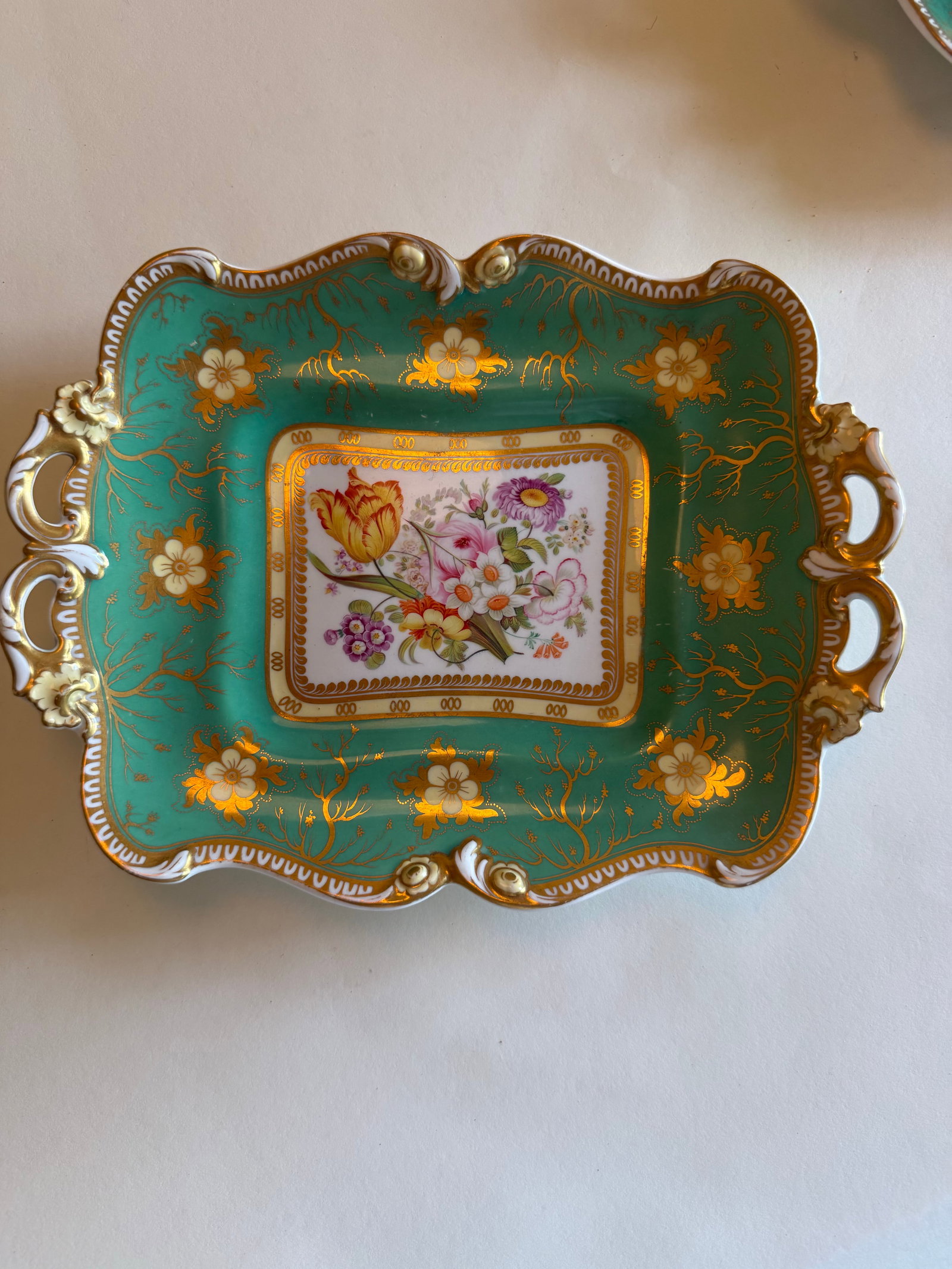Antique Coalport Apple-Green & Gilt Porcelain Dessert Dishes, Set of 3 or Antique Coalport Hand-Pain - 3