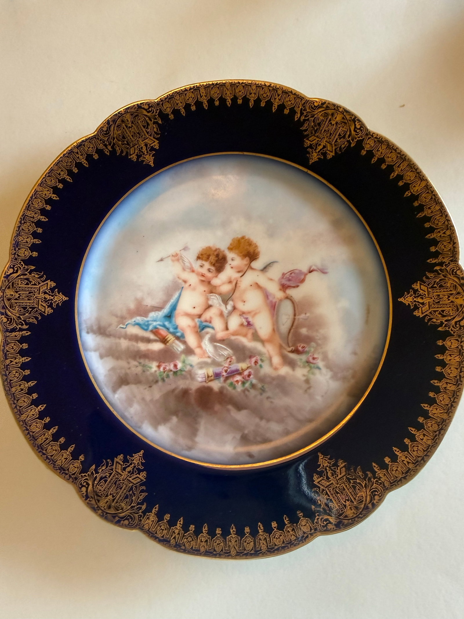 Antique Wm. Guerin Limoges Cobalt & Gilt Hand-Painted Cherub Cabinet Plates – Pair - 2