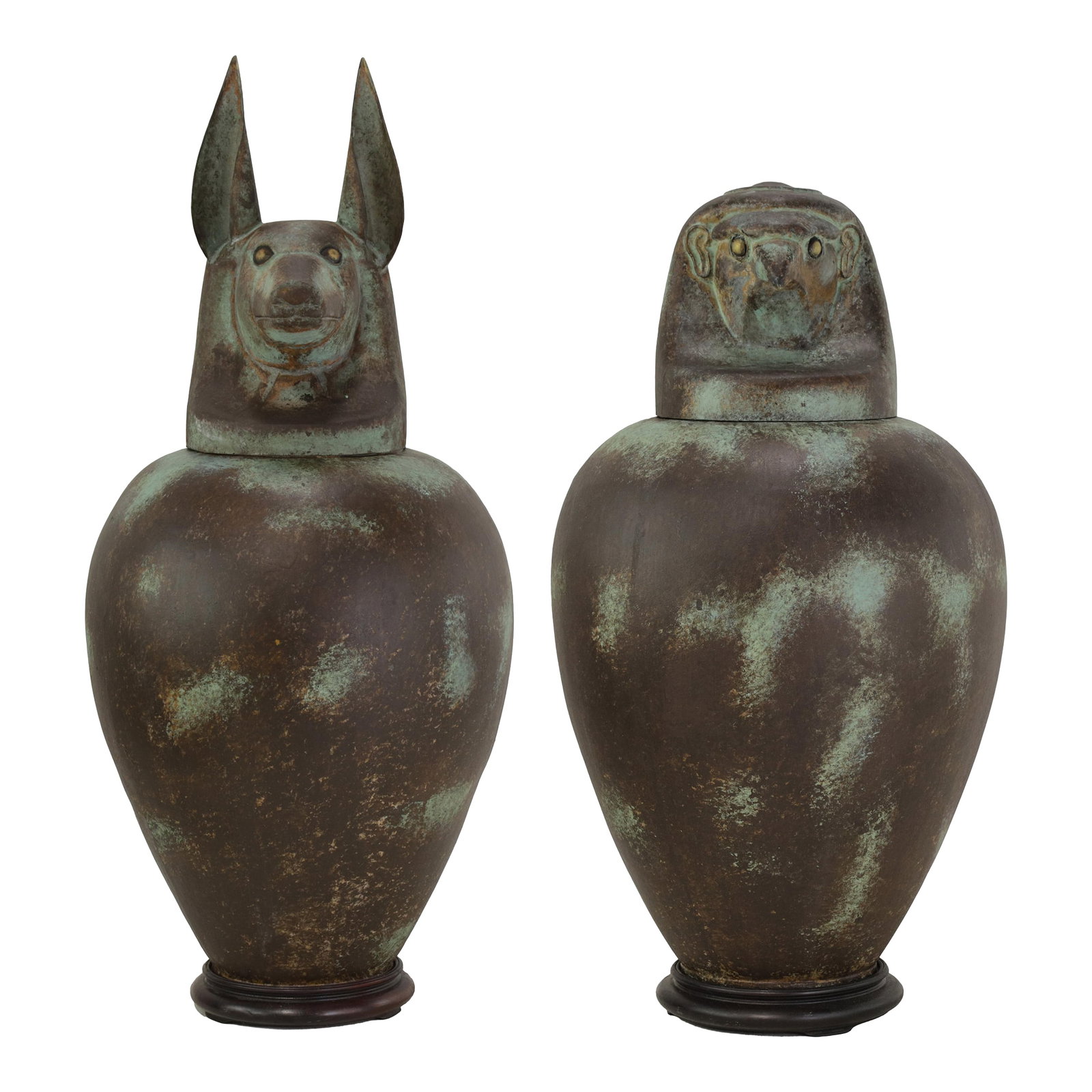 A Pair of Exquisite Vintage Hand-Forged Tin Canopy Jars Duamutf (Jackal) and Kebekhsenuf (Falcon): A pair of exquisite vintage hand-forged tin canopy jars. Duamutf (Jackal) and Kebekhsenuf (Falcon) A large-scale metal sculpture, entirely handmade, with a deep, genuine rust and gilded details. It