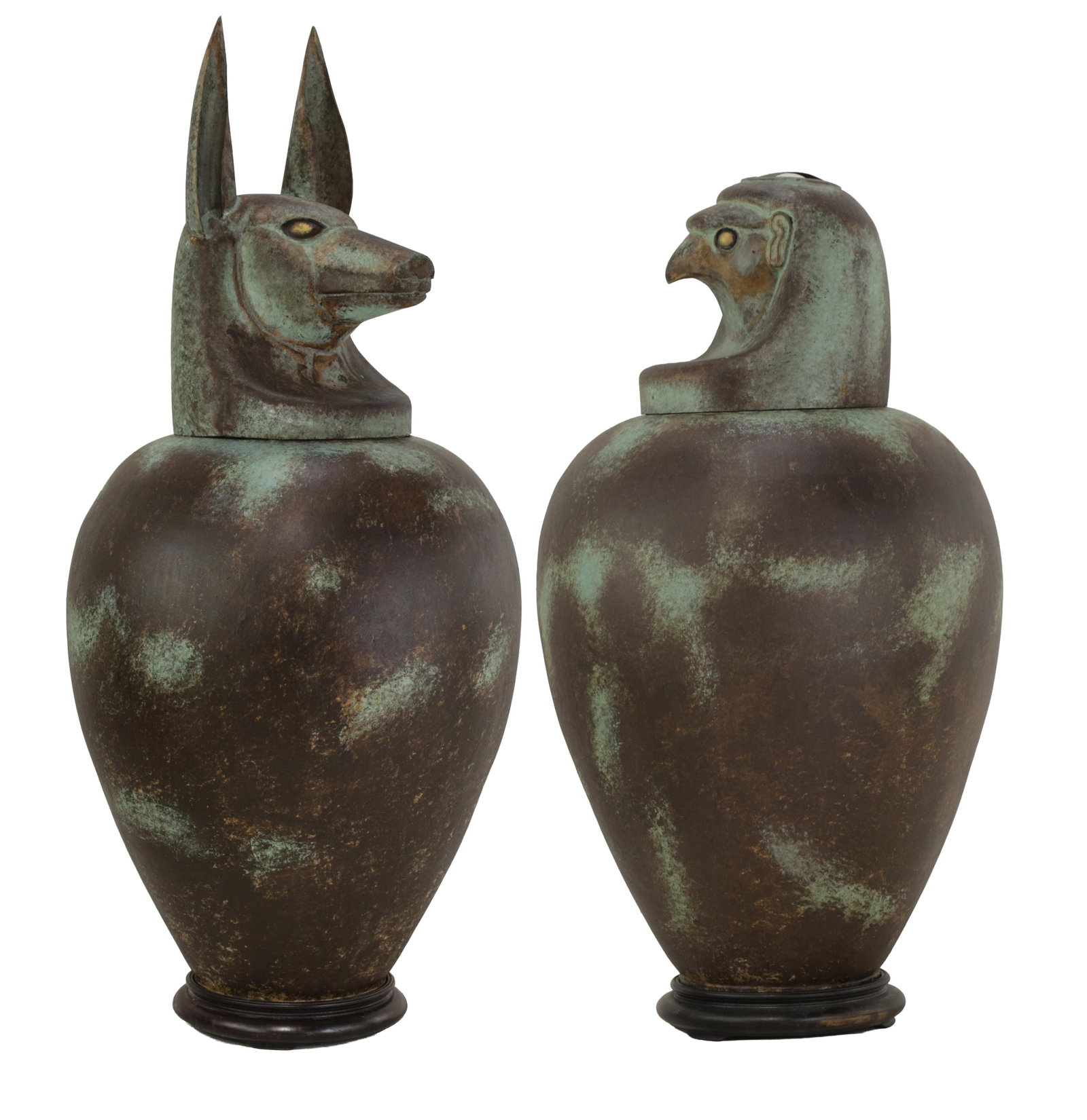 A Pair of Exquisite Vintage Hand-Forged Tin Canopy Jars Duamutf (Jackal) and Kebekhsenuf (Falcon) - 2