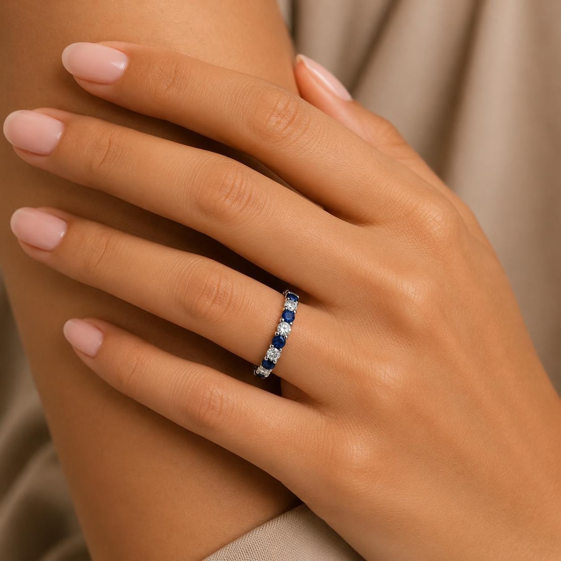 14k White Gold Ring Sapphires Eternity Band, Size 6 - 2